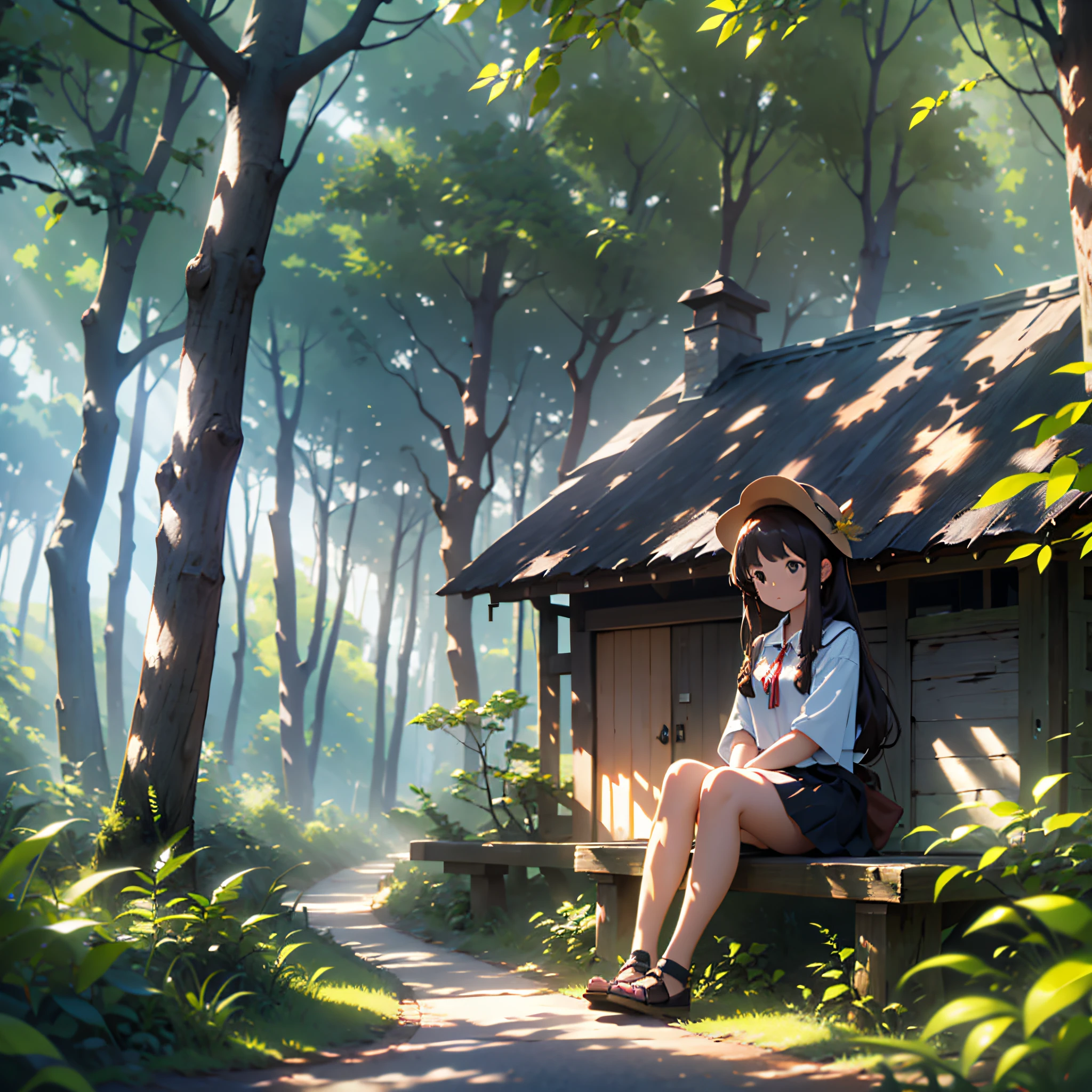 A girl is sitting in front of a house on a tree, surrounded by a forest. The sunlight shines through the leaves. --auto --s2