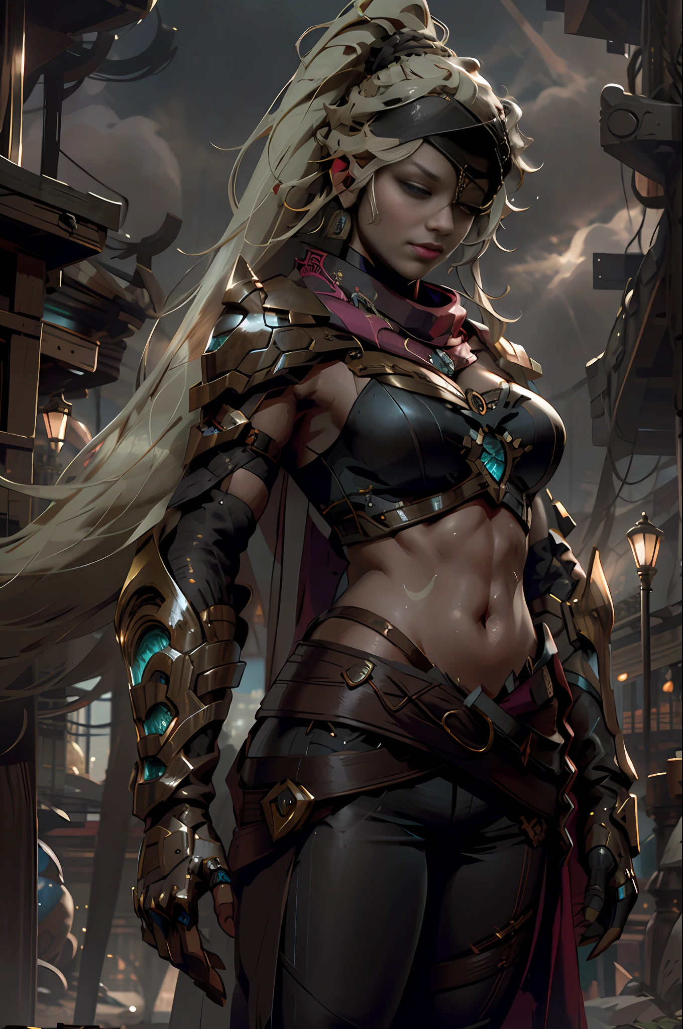 Tadhla, 1girl, solo, long hair, blonde hair, large breasts, gloves, navel, cleavage, jewelry, very long hair, ponytail, braid, midriff, pants, scarf, armor, shoulder armor, red scarf, cyan eyes, glowing eyes, desert, outdoors, night, parted lips, smirk (dark theme:0.9), grim, cold stare, dark colors, volumetric lighting, dynamic lighting hyperdetailed intricately detailed, (hdr:1.22), muted colors, complex background, hyperrealism, hyperdetailed, amandine van ray