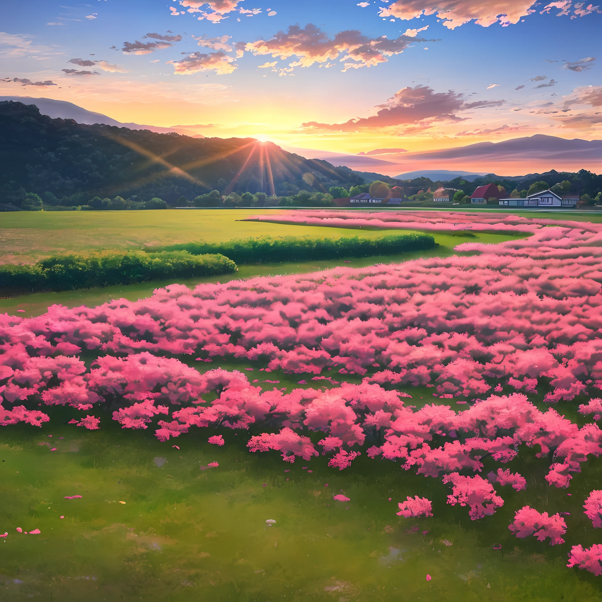 Quality 8K Spring weather, sunset with orange sky illuminating the place a lake where in the middle has a field of very green grass with a cherry tree of 6 meters high well flowered with some pink flowers on the ground around it falling flowers