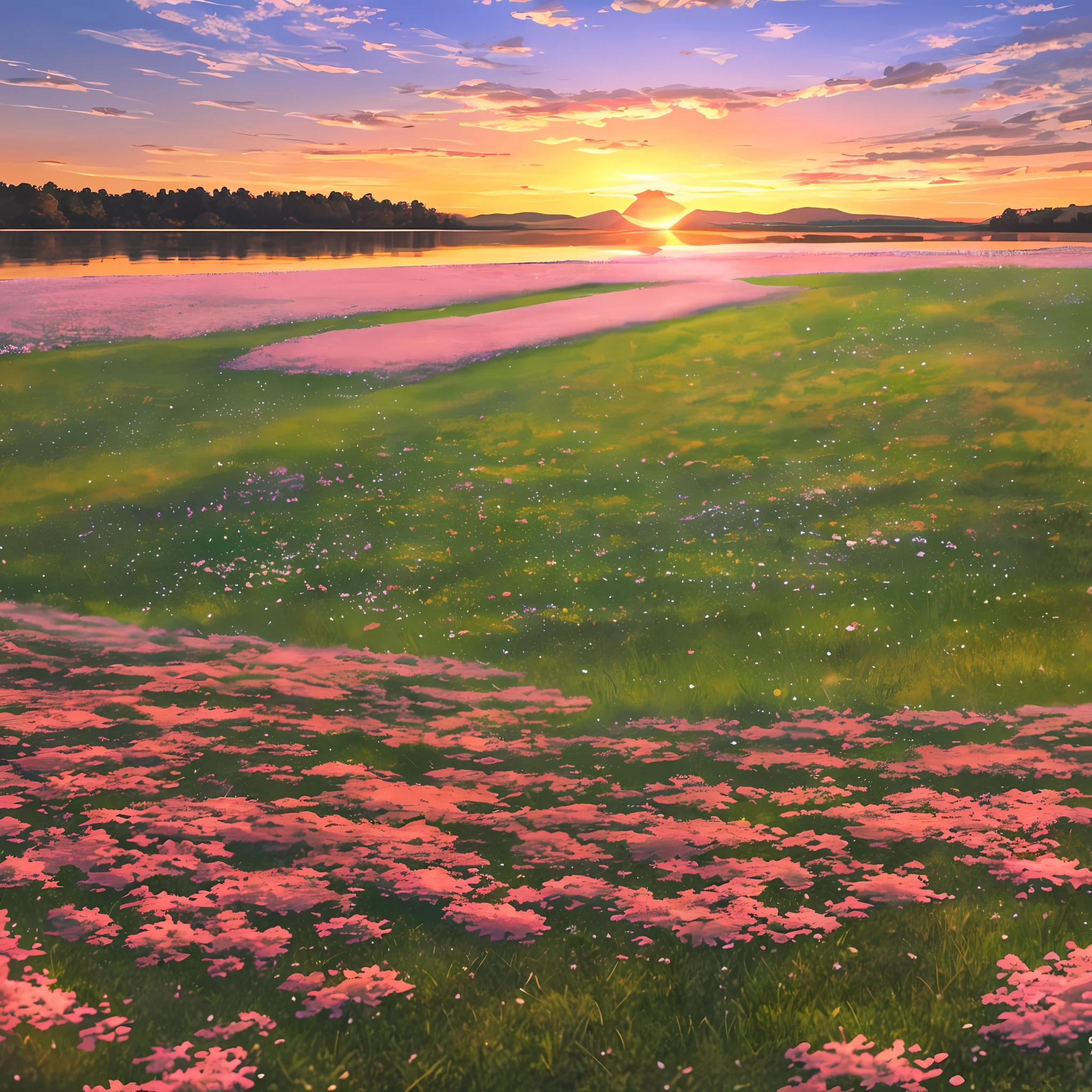 Quality 8K Spring weather, sunset with orange sky illuminating the place a lake where in the middle has a field of very green grass with a cherry tree of 6 meters high well flowered with some pink flowers on the ground around it falling flowers