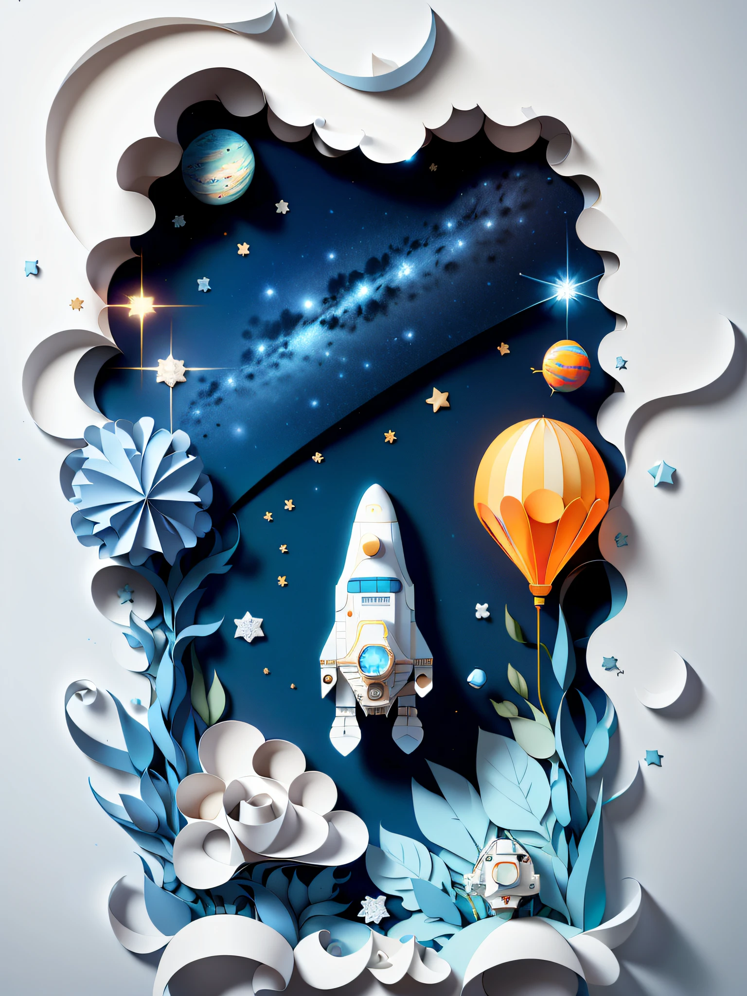 ((Masterpiece))), Best Quality, Light Blue Illustration, ((Astronaut)), Starry Sky, paper_cut, (White Background: 1.1)