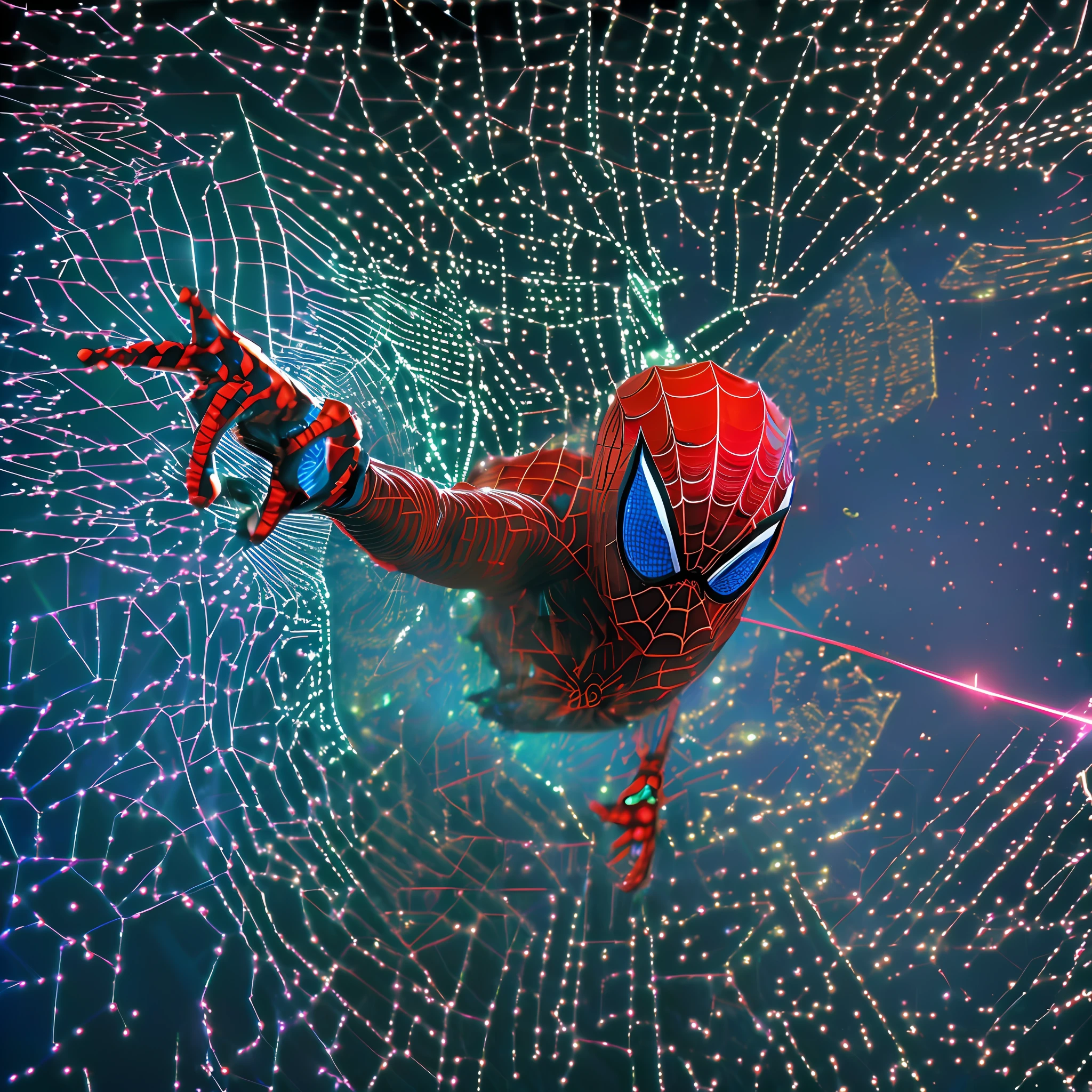 cyberpunk spiderman, face covered by spiderman mask, swinging on webbing, hand reaching towards viewer, digital environment, rain, neon, dark shadows, bloom, bokeh, lens flare, (absurdres, highres, ultra detailed), cinematic lighting, drop shadow, particle effects, anatomically correct, super detail, best quality, Bitrealms