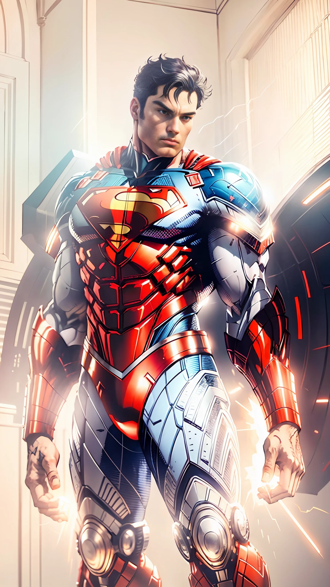 (8k unit wallpaper CG extremely detailed, masterpiece, best quality, ultra-detailed), (better lighting, better shadow, extremely delicate and beautiful), floating, [(((1man)))), (Cyborg: 1.2+Superman: 1.3), red eyes, defined muscles and extremely detailed large, bright blue lines, detailed muscles, heroic pose):0.8], [(futuristic cityscape, night, bright neon lights:1.2, smoke, sparks, metal chips,  flying debris, blue energy effects, volumetric light):0.5]
