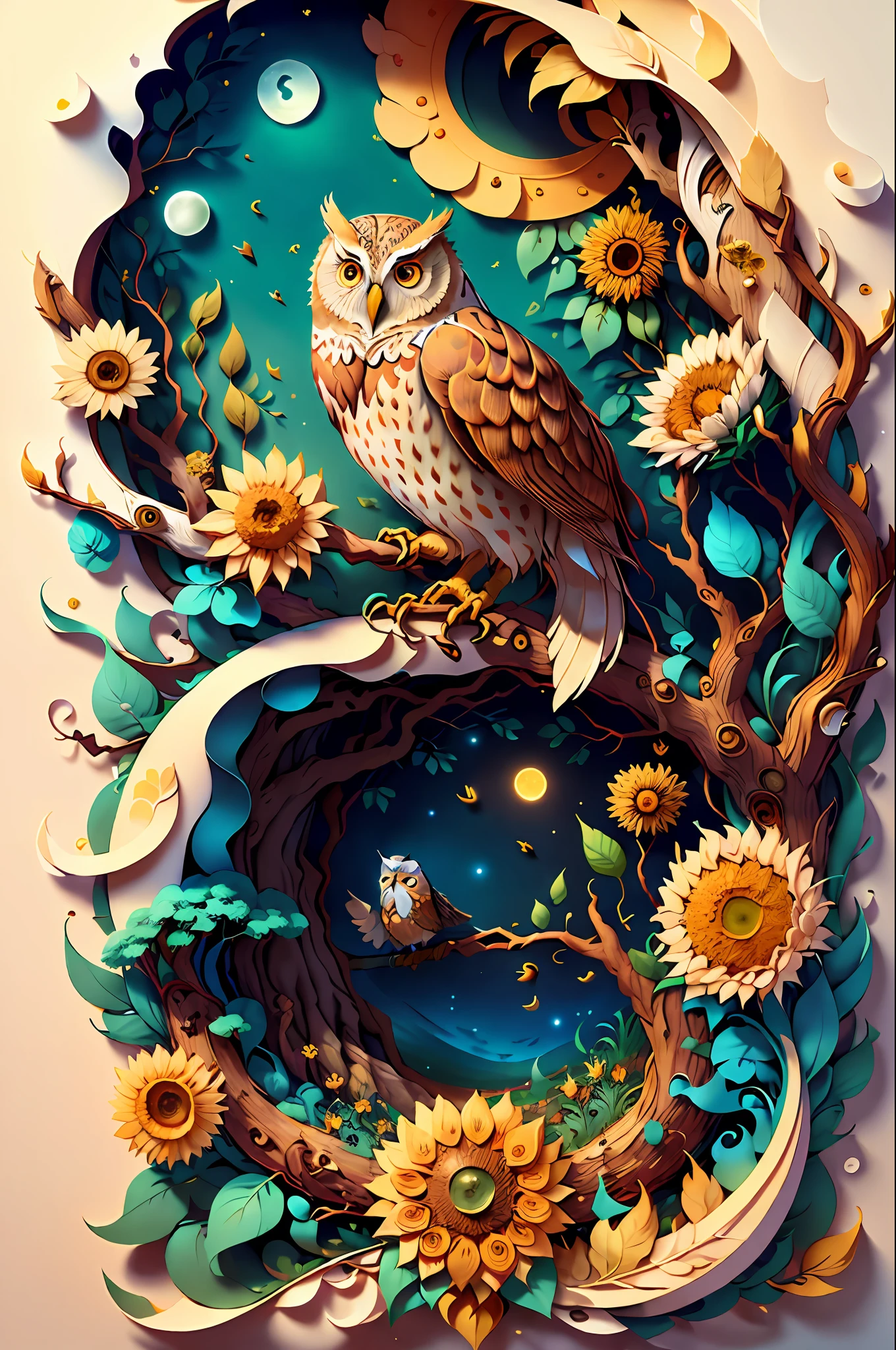 (((masterpiece))),bestquality,illustration,beautifuldetailedglow,
paper_cut, big owl, tree, moon, sunflowers, tree leaves
