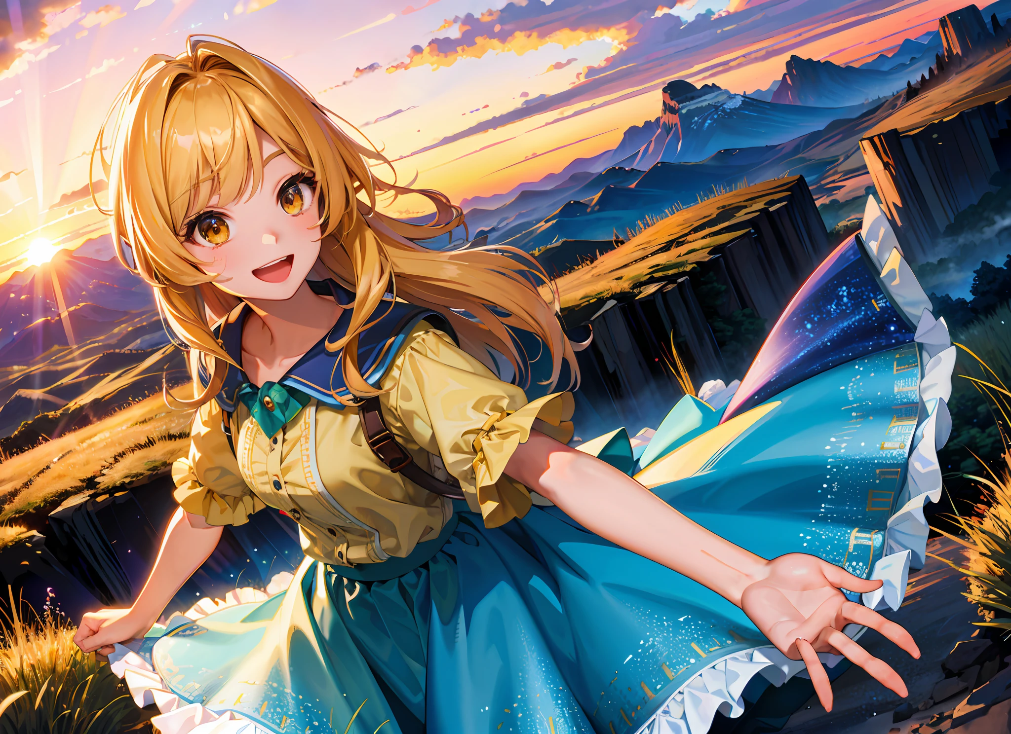 best quality, masterpiece, kat, summer, wind skirt, wind hair, geminids meteor shower, nature, detailed reflex, sunset, cinematic lighting, caustics, (wide shot:1.1), detailed cute girl, mountain road, overlook, smile, open mouth,