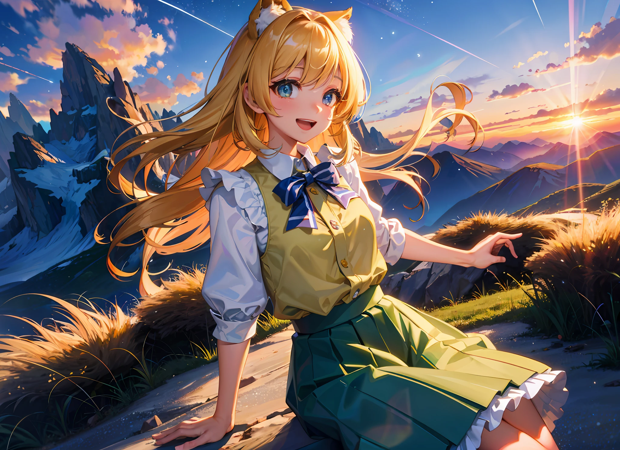 best quality, masterpiece, kat, summer, wind skirt, wind hair, geminids meteor shower, nature, detailed reflex, sunset, cinematic lighting, caustics, (wide shot:1.1), detailed cute girl, mountain road, overlook, smile, open mouth,