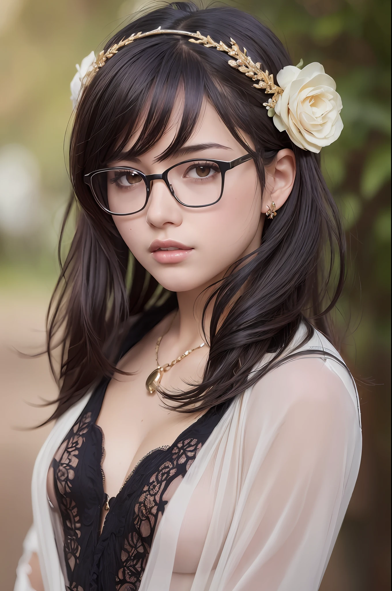 (8k),best quality, (photorealistic,realistic:1.2), actor woman,beauty,1girl, solo, detailed face, standing,black hair,(hair ornament:1.35), (looking at viewer:1.5), (small breasts,breasts out:1.3),short hair, black eyes, bangs, lips, glasses