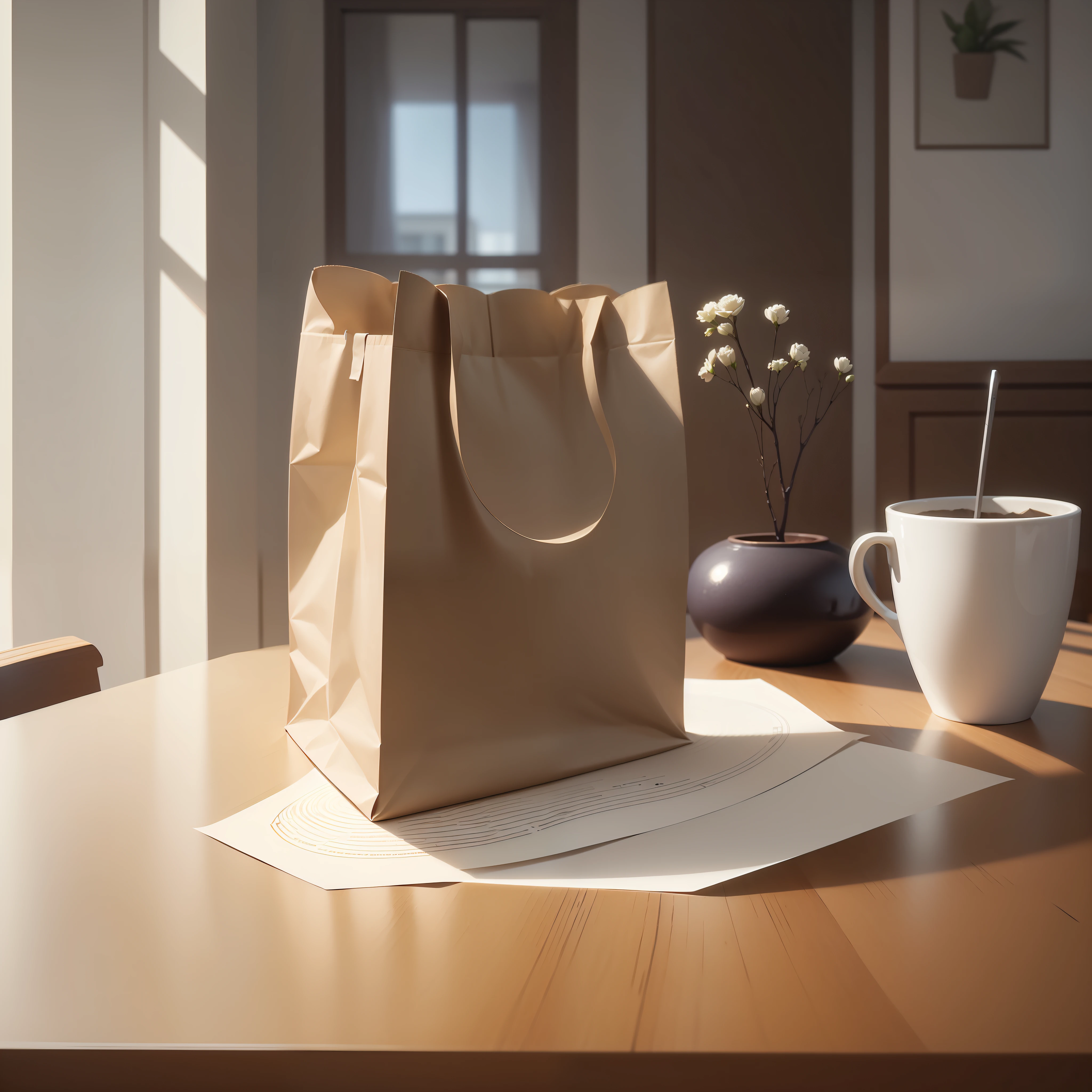 ((Masterpiece, better quality)), illustration, ultra-detailed 8k, realistic, this is a rectangular paper bag, the paper bag is made of pure white, neat paper bag, paper bag on the table, background is in a room