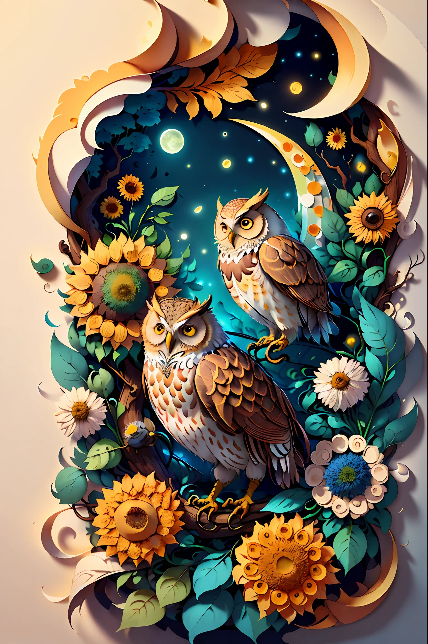 (((masterpiece))),bestquality,illustration,beautifuldetailedglow,
paper_cut, big owl, tree, moon, sunflowers, tree leaves