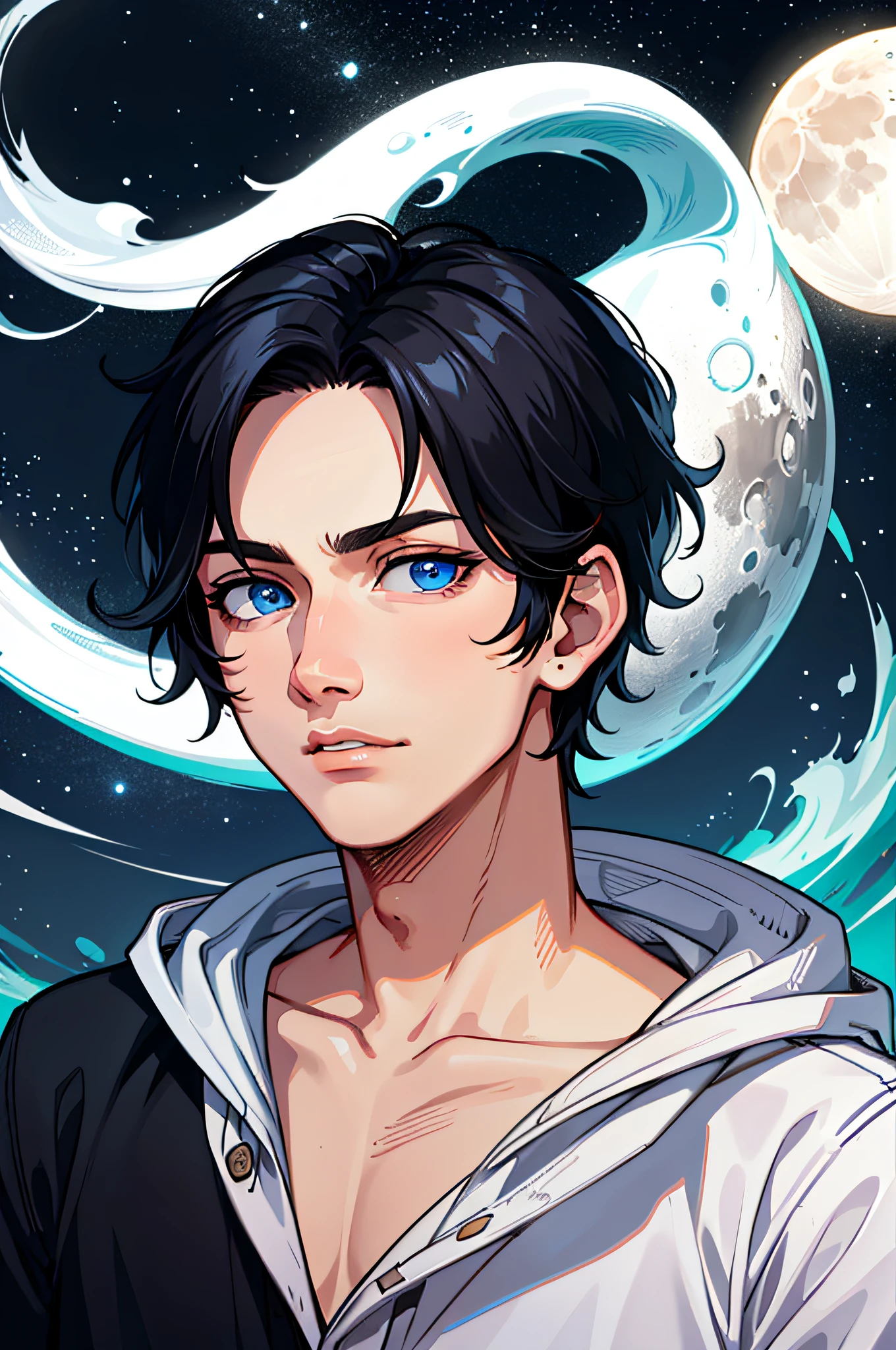 masterpiece, 1boy, night, moon, black hair, blue eyes, white shirt, mark on the face
