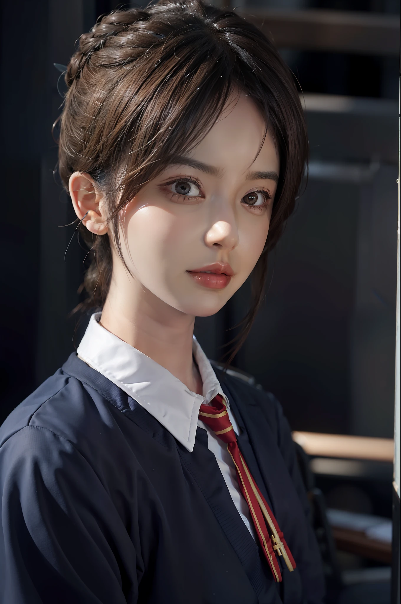 masterpiece, best quality, portrait of 1 girl, tie, in flight attendant uniform, chiness, hair gathered in a bun, open neck