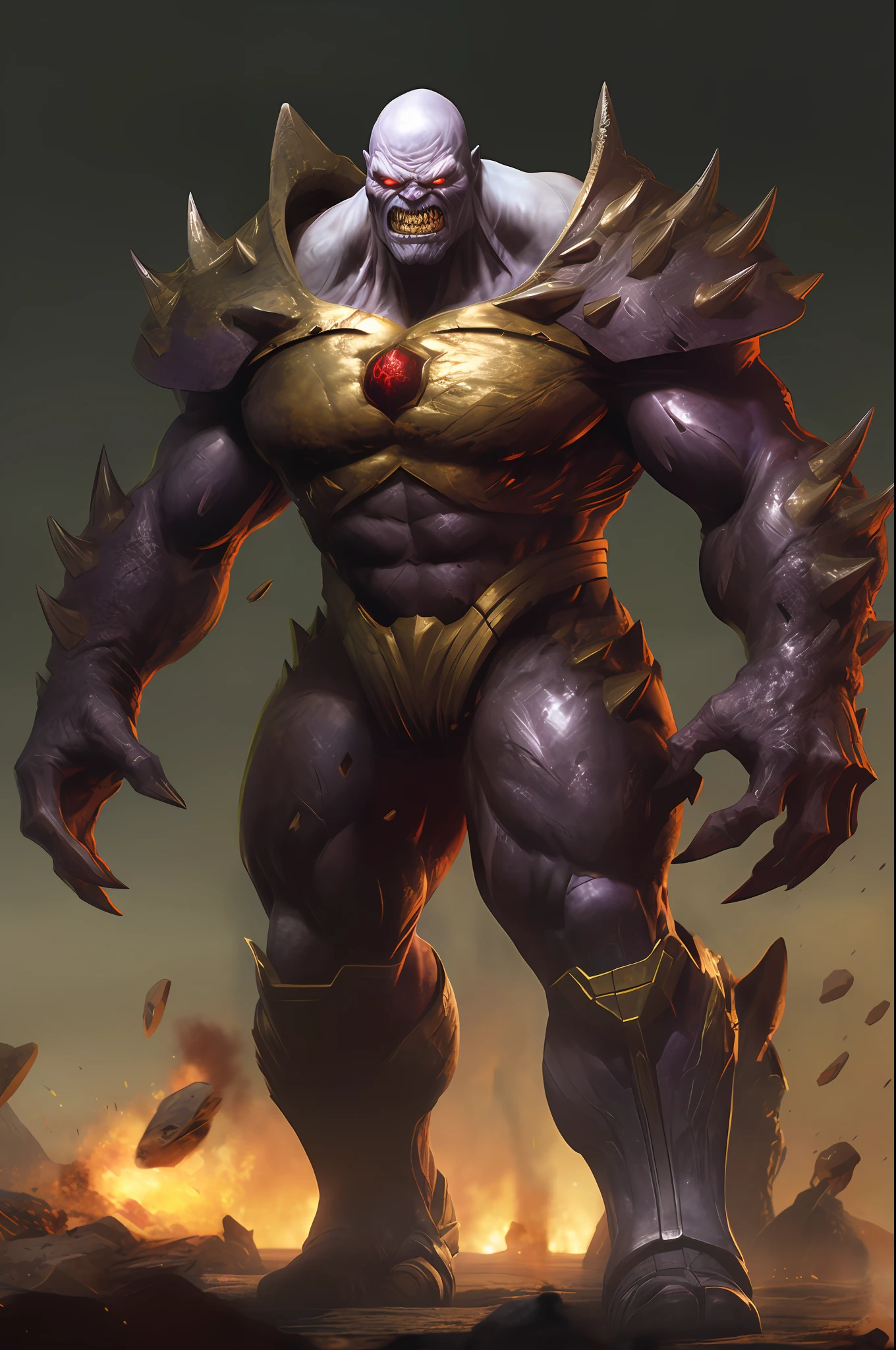 Depicting the legs and big feet of a hybrid of DC character Doomsday and Marvel character Thanos, solid color background, (extreme detail CG Unity 8K wallpaper, masterpiece, highest quality), (exquisite lighting and shadows, highly dramatic graphics, cinematic lens effects), symmetrical asymmetry, heavy shadows, (((hyperdetail))), ((best quality))), ((masterpiece))), high resolution, 8K, anatomically correct, UHD, (excellent detail, excellent lighting, wide angle), (Great rendering is enough to stand out from the crowd) - without going beyond the frame --s 2