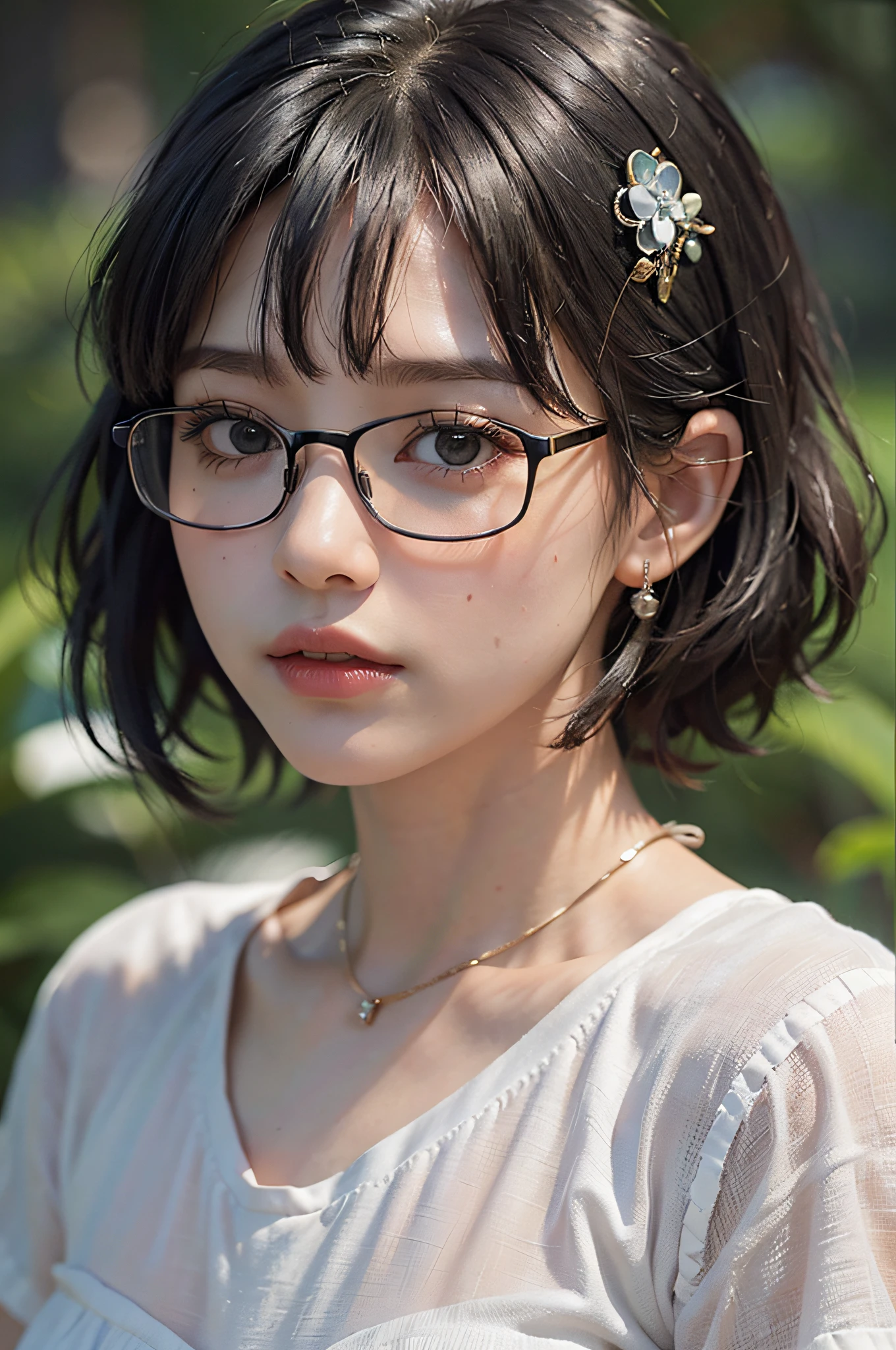 (8k),best quality, (photorealistic,realistic:1.2), actor woman,beauty,1girl, solo, detailed face, standing,black hair,(hair ornament:1.35), (looking at viewer:1.5), simple t-shirt,(small breasts,breasts out:1.3),short hair, black eyes, bangs, lips, glasses