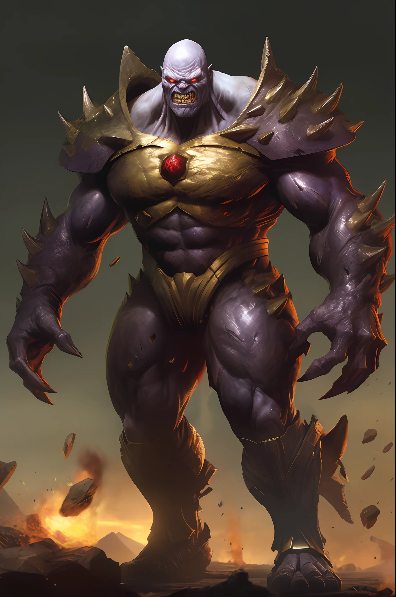 Depicting the legs and big feet of a hybrid of DC character Doomsday and Marvel character Thanos, solid color background, (extreme detail CG Unity 8K wallpaper, masterpiece, highest quality), (exquisite lighting and shadows, highly dramatic graphics, cinematic lens effects), symmetrical asymmetry, heavy shadows, (((hyperdetail))), ((best quality))), ((masterpiece))), high resolution, 8K, anatomically correct, UHD, (excellent detail, excellent lighting, wide angle), (Great rendering is enough to stand out from the crowd) - without going beyond the frame --s 2