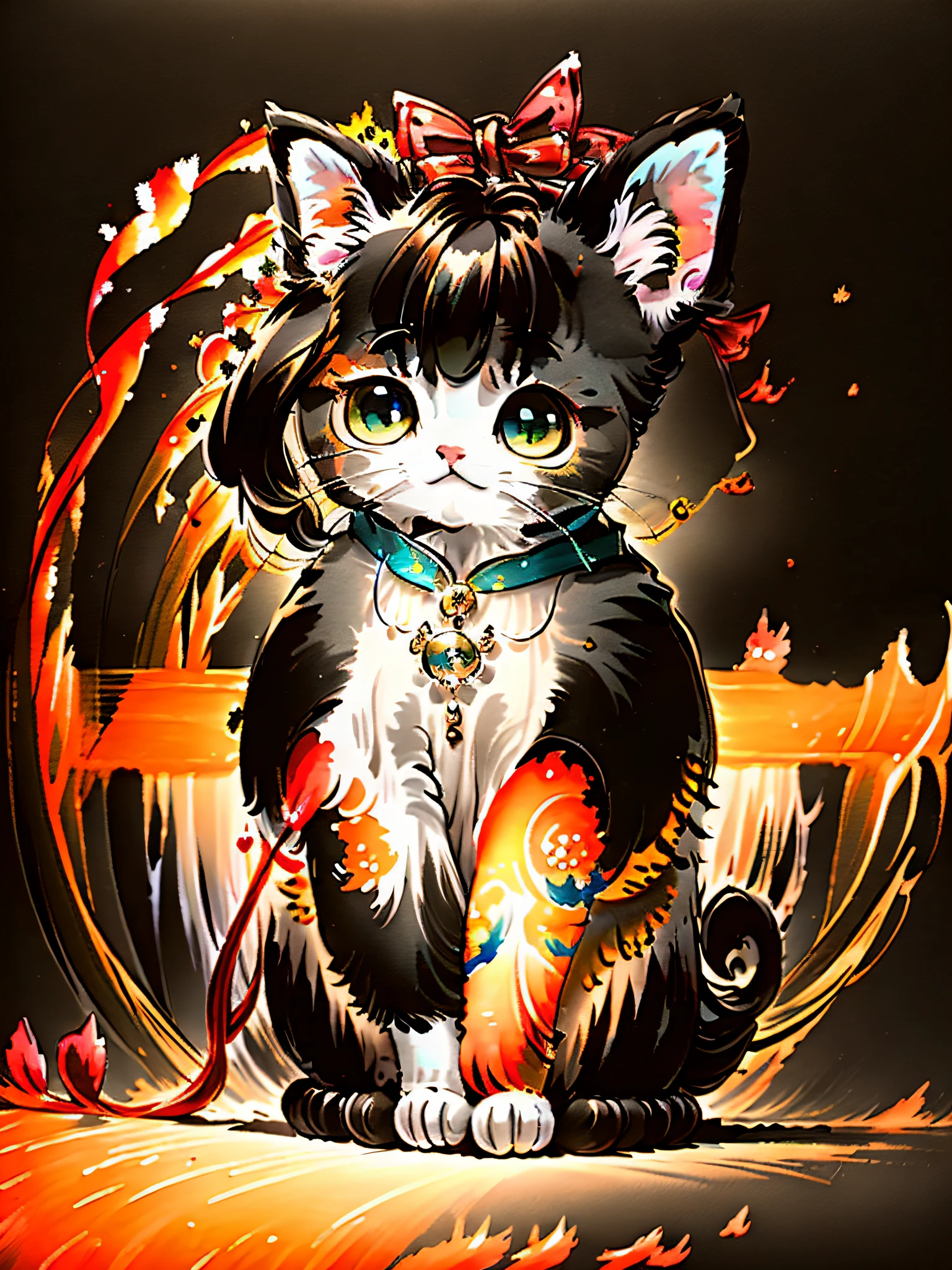 a painting of a colorful kitten on a black background,, breathtaking rendering, within a radiant connection, inspired by Kinuko Y. Craft,, magical elements, kitten icon, wow, is beautiful, casting a multi colorful spell, bright flash, flash