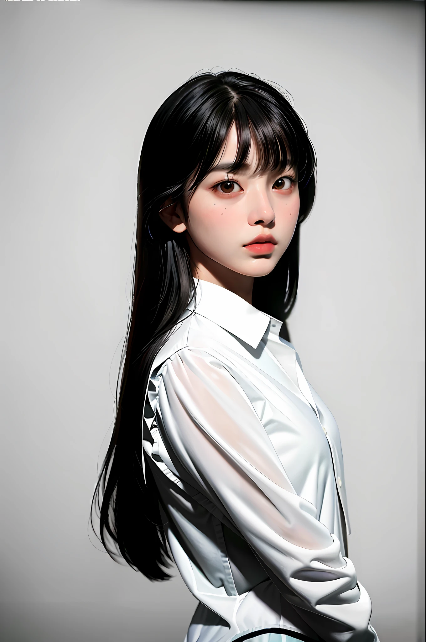 masterpiece, best quality, (dark photo:1.3), photorealistic, 1girl, flat bangs, stunning innocent symmetry face, shirt, emotional, ulzzang, (PureErosFace_V1:0.7)