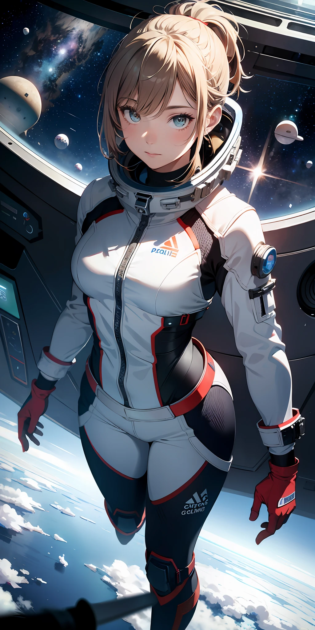 Absurd resolution, high resolution, (masterpiece:1.4), ultra-detailed, 1girl, in spacesuit, seen from above, space, floating, satellite, running pose, wide-angle lens distortion