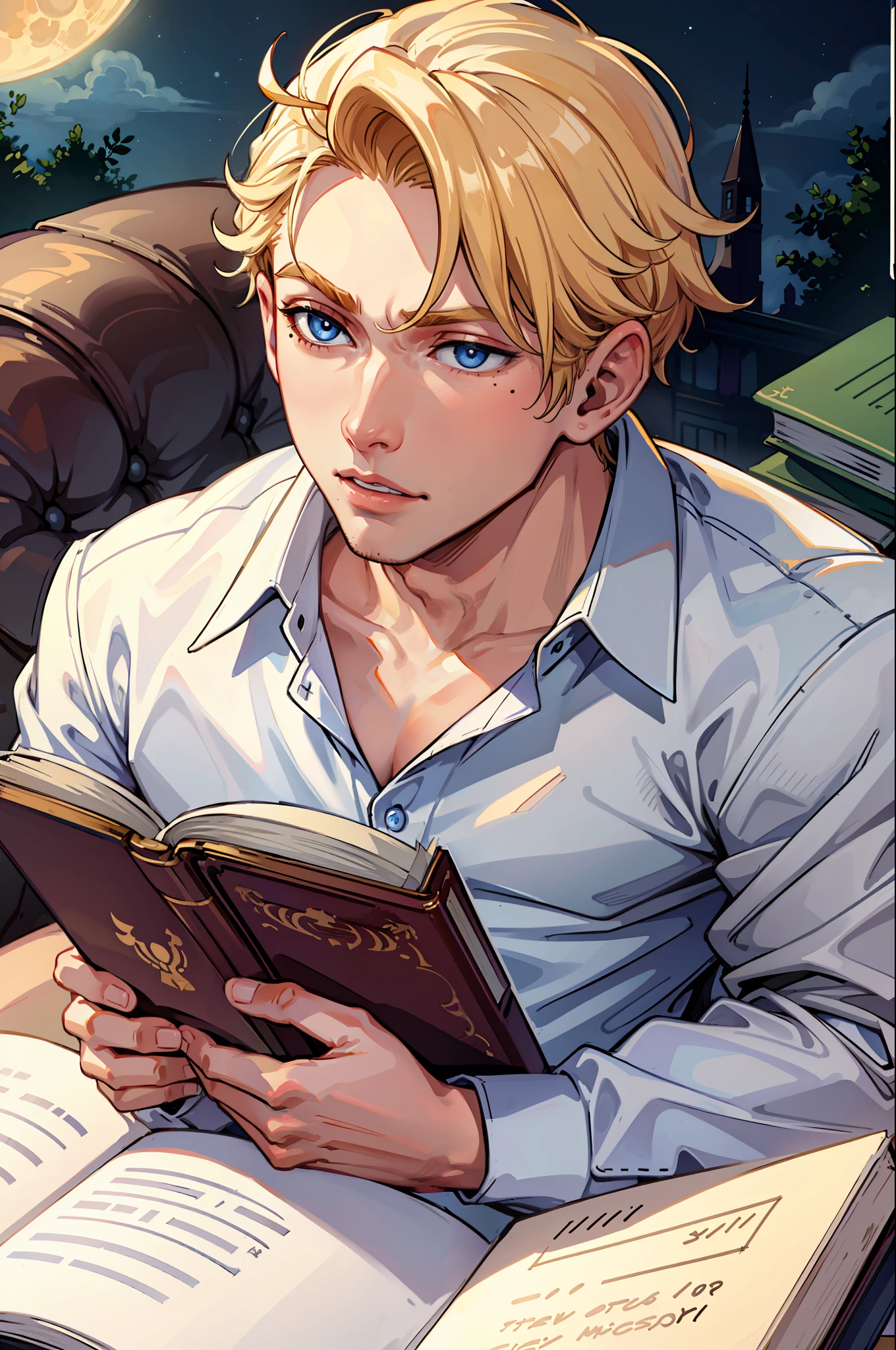 masterpiece, 1boy, night, moon, blonde hair, blue eyes, white shirt, mole on the earlobe, book in hand