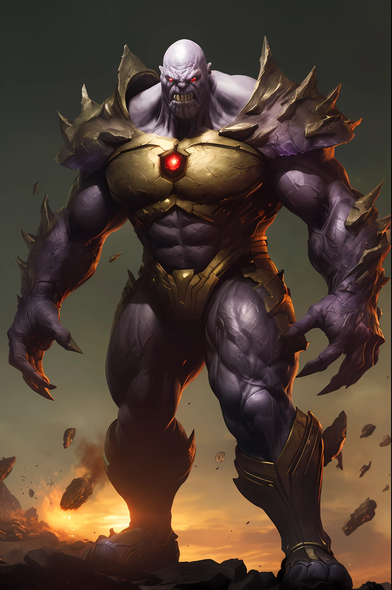 Full body front view visible on feet: 1.5, Headlights: 1.5, Standing character: 1.2, Highly creative illustration depicting a hybrid of DC character Doom and Marvel character Thanos, solid color background, full body, highly detailed clothing, (Extreme detail CG Unity 8K wallpaper, masterpiece, highest quality), (exquisite lighting and shadows, highly dramatic graphics, cinematic lens effects), symmetrical asymmetry, heavy shadows, (((hyperdetail))), ((best quality))), ((masterpiece))), High resolution, 8K, anatomically correct, UHD, (excellent detail, excellent lighting, wide angle), (excellent rendering is enough to stand out from the crowd) - without going beyond the frame --s 2