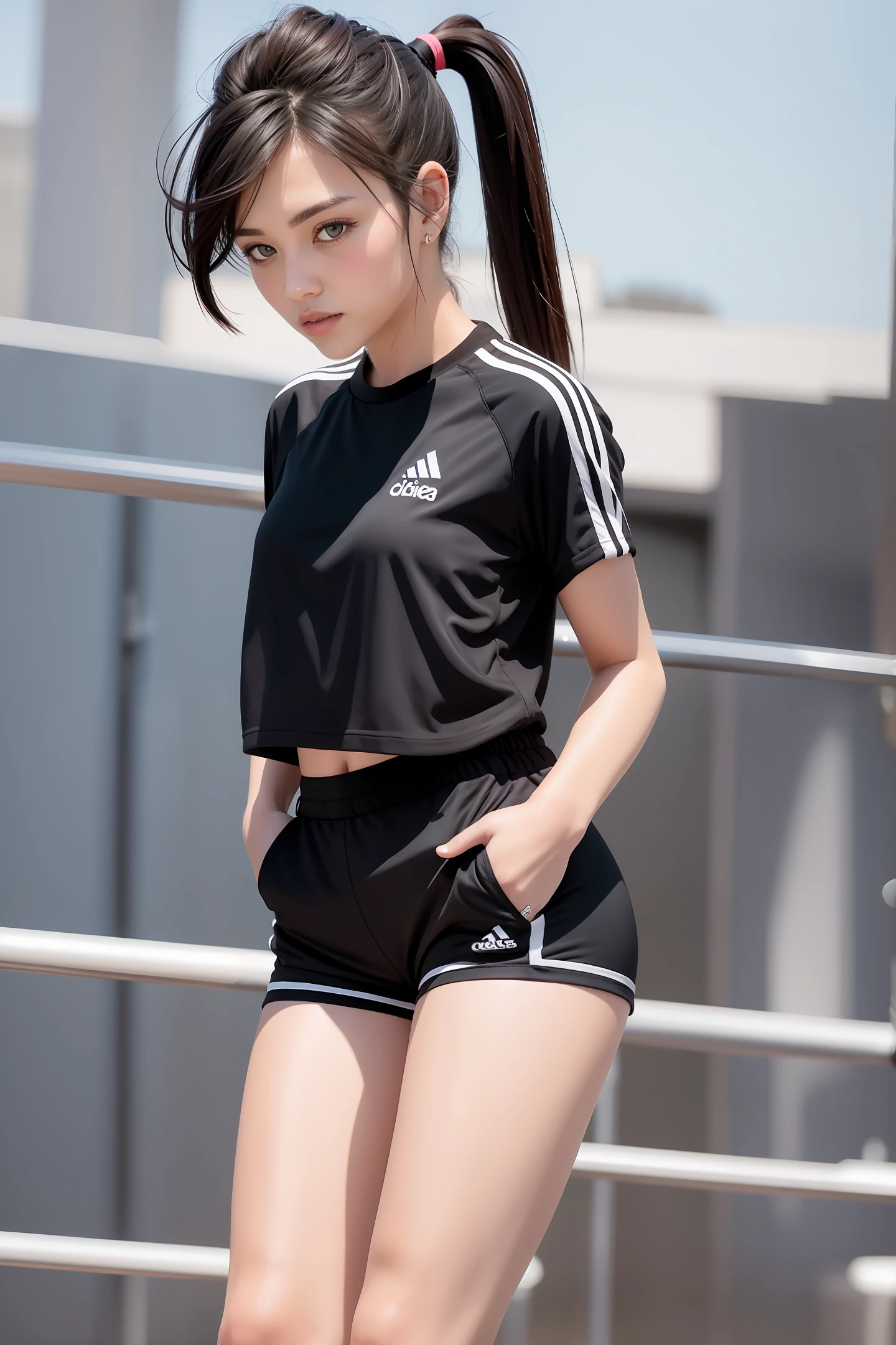 Black Hair Shorts Sporty Real Ponytail