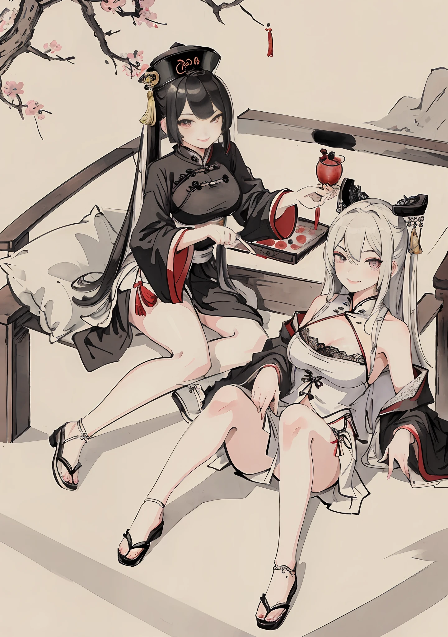(masterpiece, best quality: 1.2), traditional Chinese ink painting, A cute 18 year old prostitute with medium  breasts, sexy white lace , Oversized dress :1.5, Couch, Ultra-detailed face, Detailed eyes, Double eyelid, sfw , evil smile:1.4 ,emphasizing slender abs :1.3