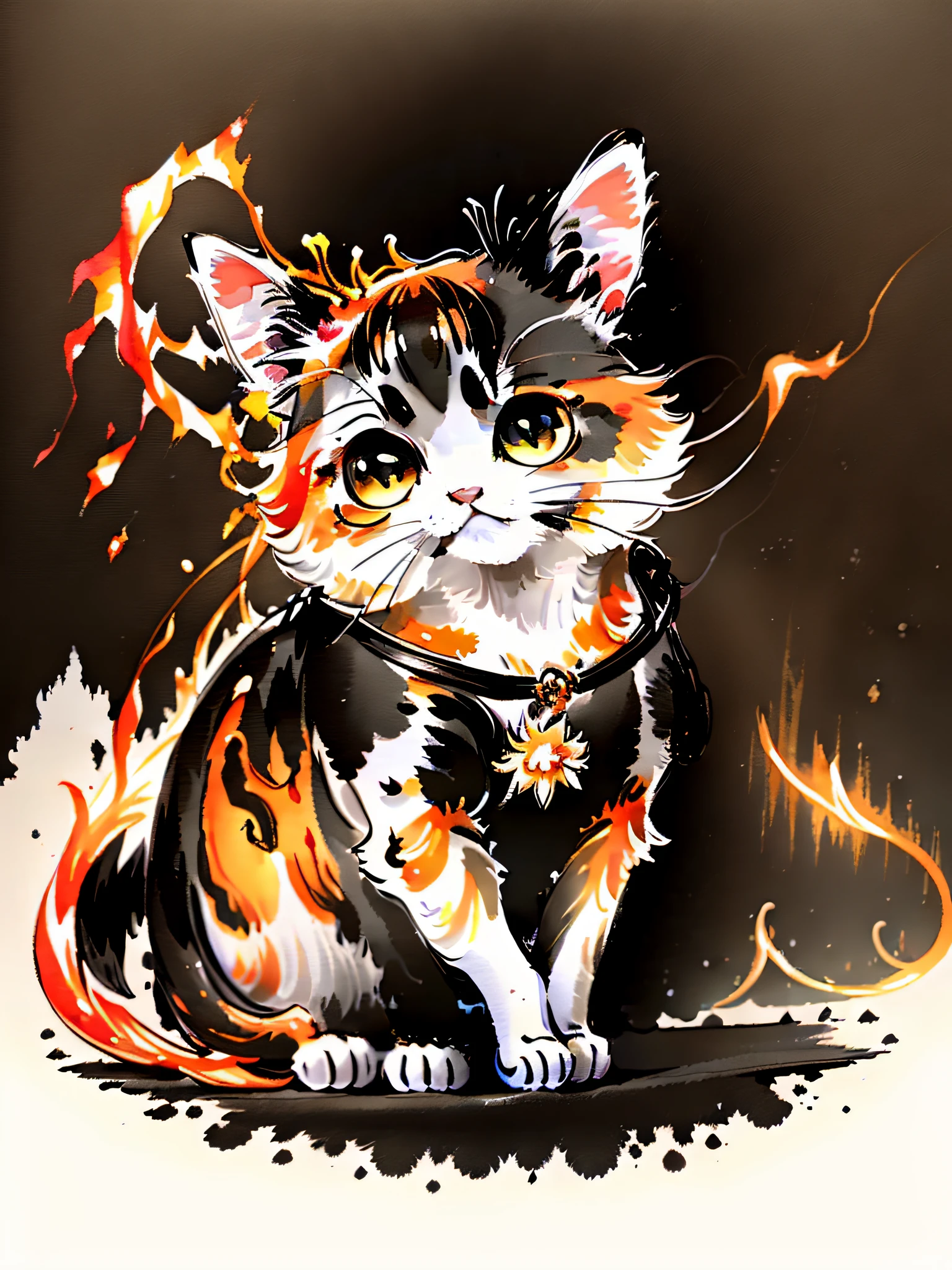 a painting of a colorful kitten on a black background,, breathtaking rendering, within a radiant connection, inspired by Kinuko Y. Craft,, magical elements, kitten icon, wow, is beautiful, casting a multi colorful spell, bright flash, flash