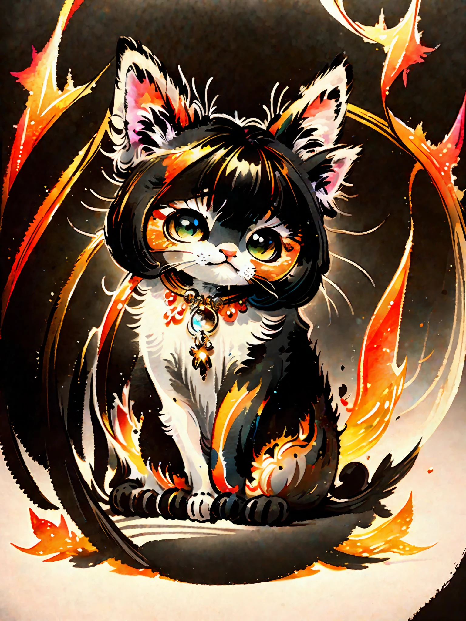 a painting of a colorful kitten on a black background,, breathtaking rendering, within a radiant connection, inspired by Kinuko Y. Craft,, magical elements, kitten icon, wow, is beautiful, casting a multi colorful spell, bright flash, flash