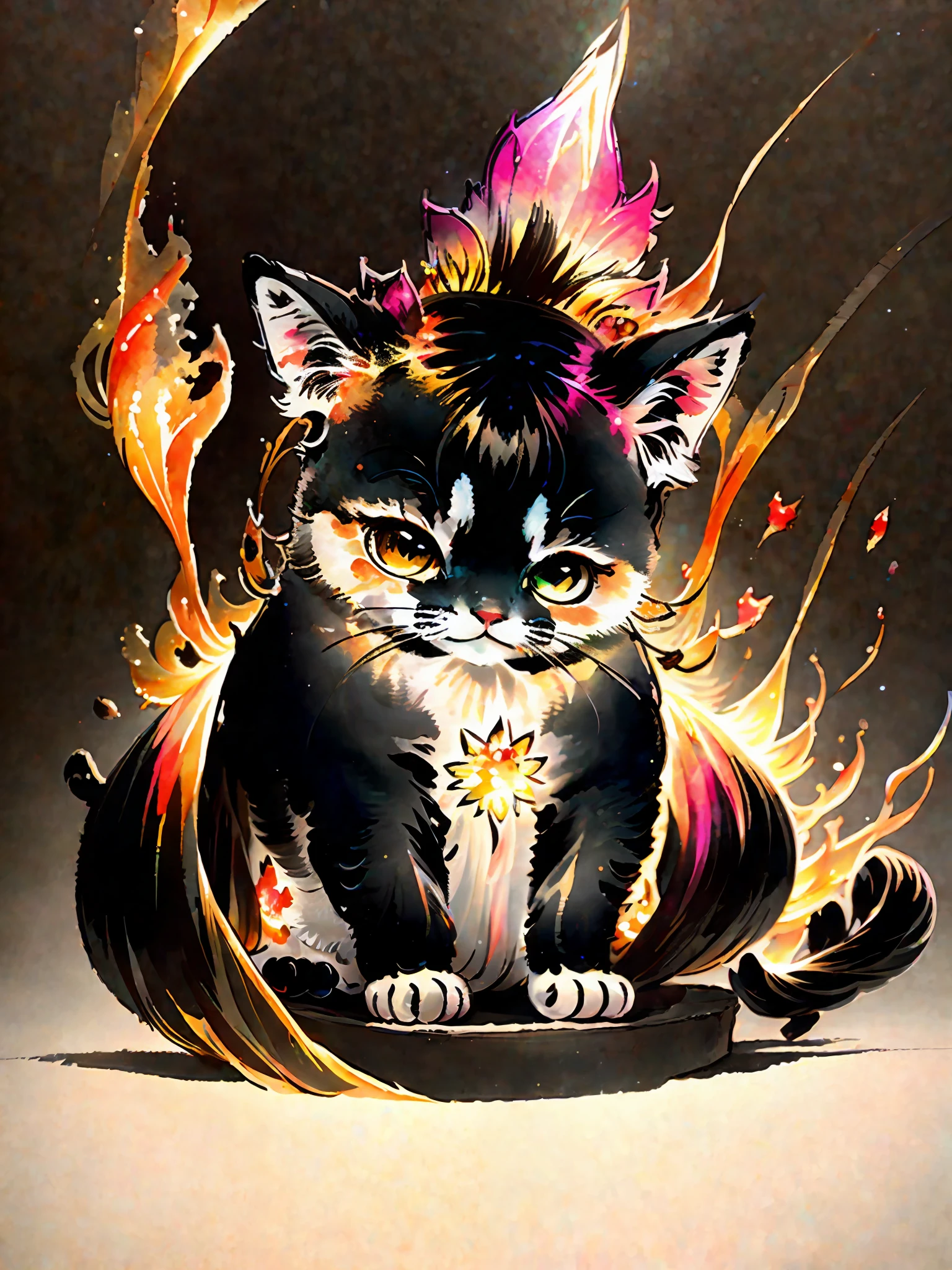 a painting of a colorful kitten on a black background,, breathtaking rendering, within a radiant connection, inspired by Kinuko Y. Craft,, magical elements, kitten icon, wow, is beautiful, casting a multi colorful spell, bright flash, flash