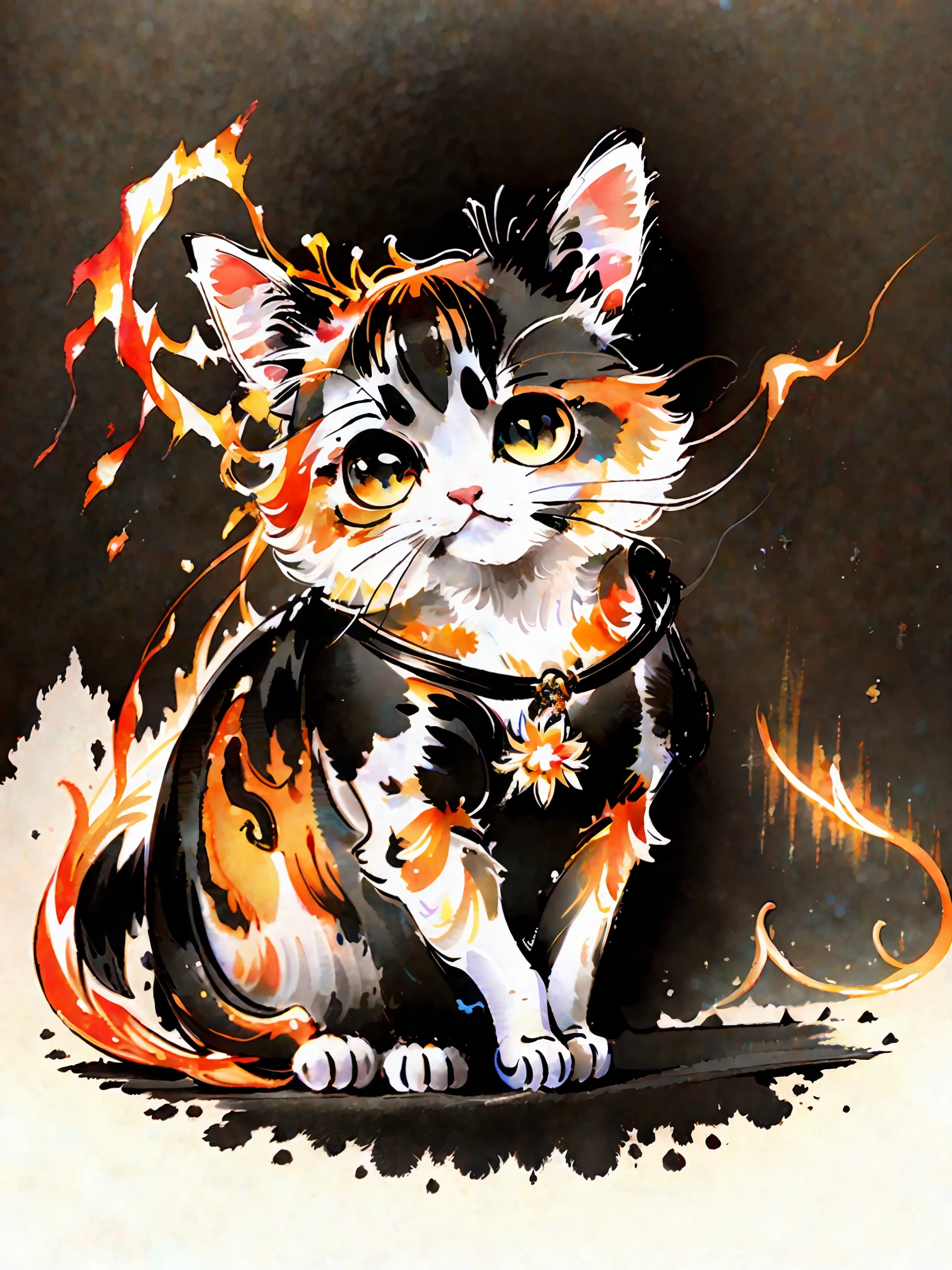 a painting of a colorful kitten on a black background,, breathtaking rendering, within a radiant connection, inspired by Kinuko Y. Craft,, magical elements, kitten icon, wow, is beautiful, casting a multi colorful spell, bright flash, flash
