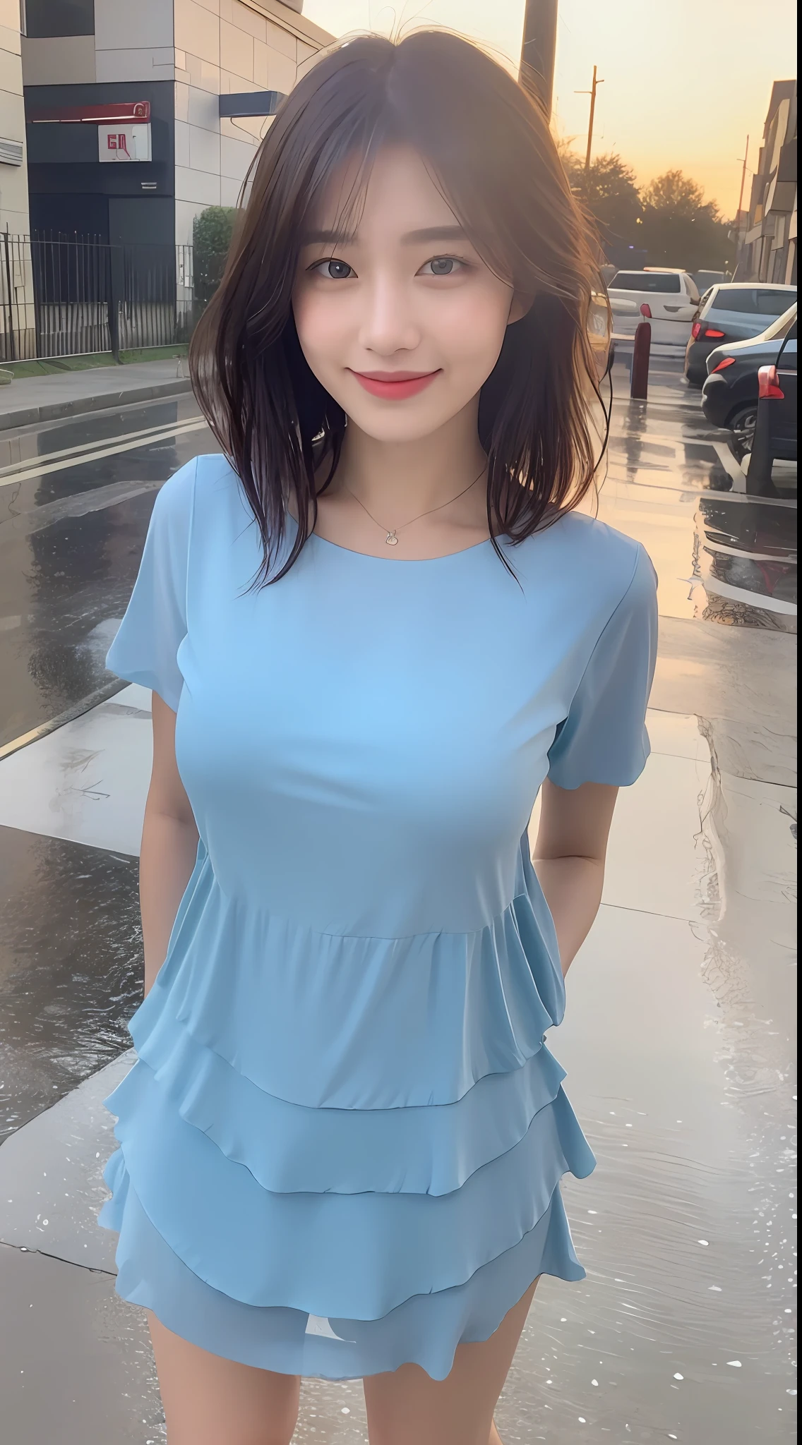 ((Best Quality, 8K, Masterpiece:1.3)), Focus: 1.2, Perfect Body Beauty: 1.4, Buttocks: 1.2, ((Layered Haircut, Breasts: 1.2)), (Wet Clothes: 1.1), (Rain, Street:1.3), Bandeau Dress: 1.1, Highly Detailed Face and Skin Texture, Fine Eyes, Double Eyelids, Whitening Skin, Long Hair, (Shut Up: 1.3), Smile