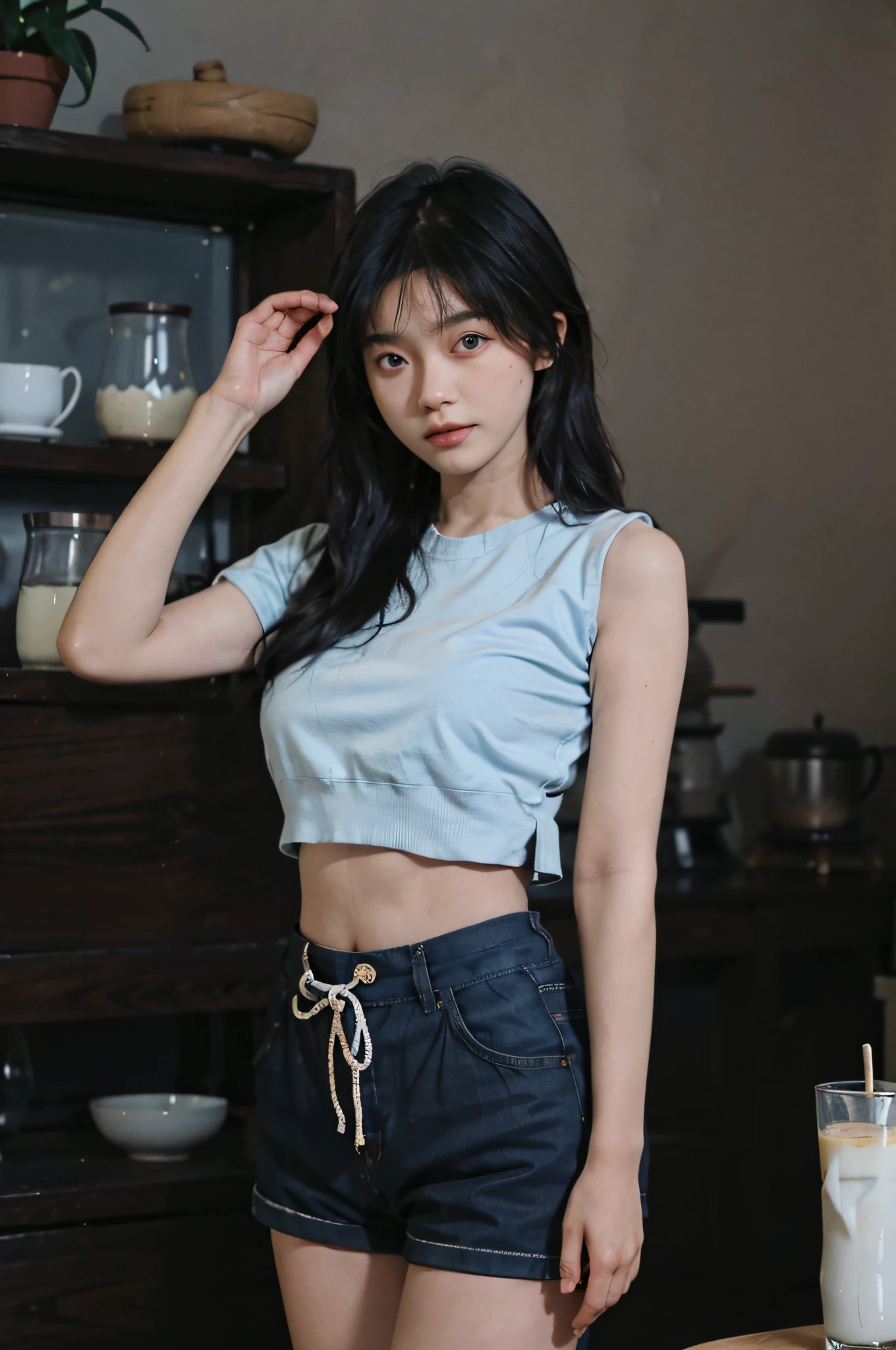 1girl, fair skin, mature, really long hair, thick eyebrows, blue eyes, moles under the eyes, shirt with ribbons, shorts with side slits, big breasts, good figure, small waist, widest thighs, wide thigh gaps, one hip forward, standing, in a coffee shop, shot from below, 8K, realistic