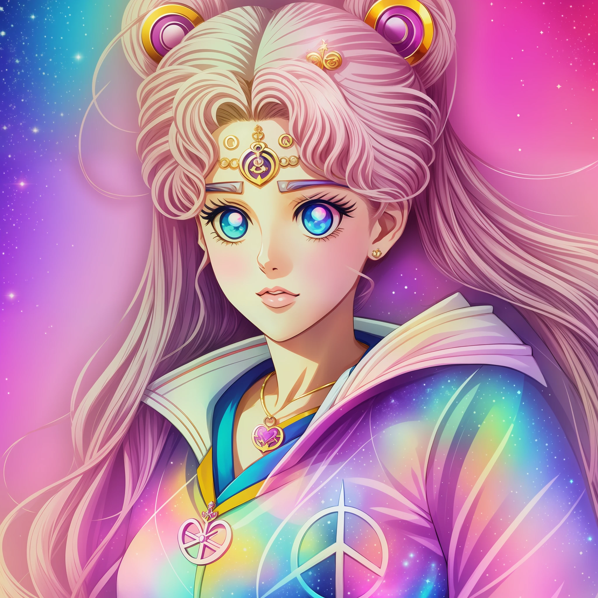 SAILOR MOON on her back, tumblr, wearing a modern jacket with moon design, peace and love sign, pastel colors, digital art, anime