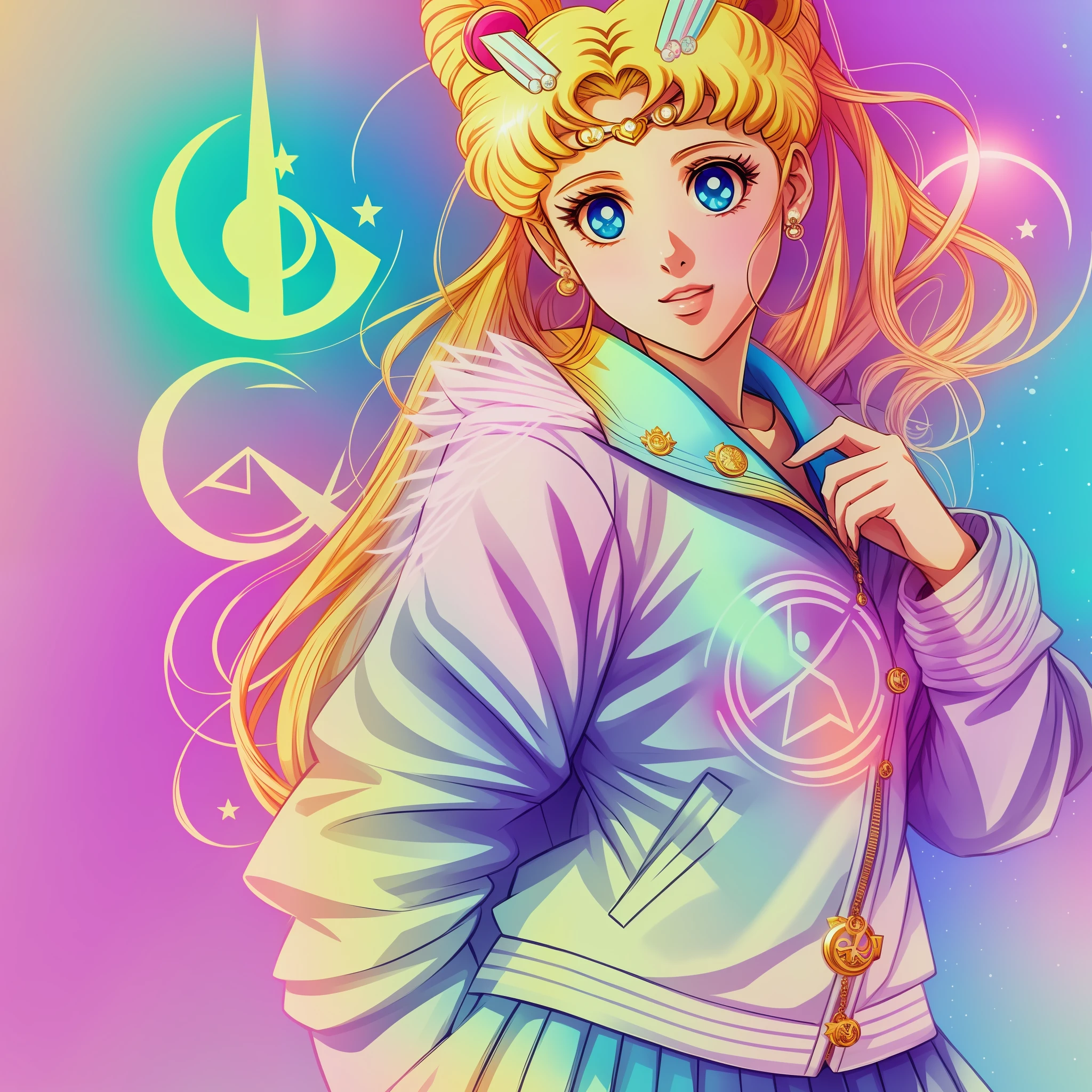 SAILOR MOON on her back, tumblr, wearing a modern jacket with moon design, peace and love sign, pastel colors, digital art, anime