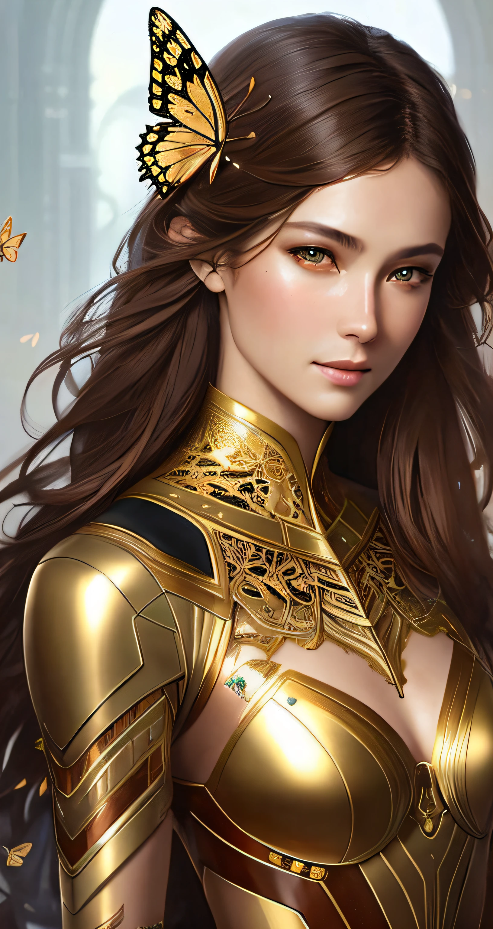 8k portrait of beautiful cyborg with brown hair, intricate, elegant, highly detailed, majestic, digital photography, art by artgerm and ruan jia and greg rutkowski surreal painting gold butterfly filigree, broken glass, (masterpiece, sidelighting, finely detailed beautiful eyes: 1.2), hdr,