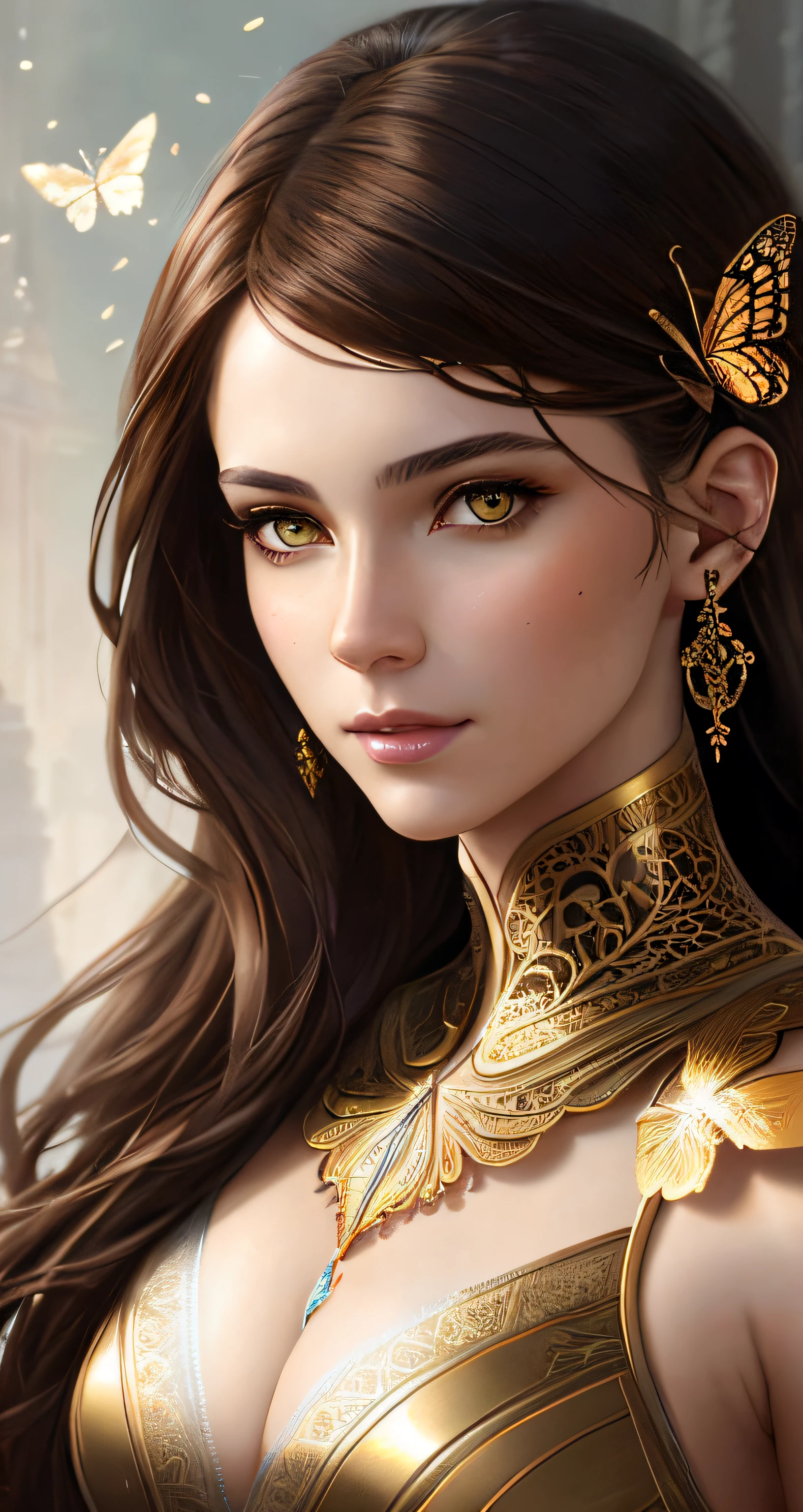 8k portrait of beautiful cyborg with brown hair, intricate, elegant, highly detailed, majestic, digital photography, art by artgerm and ruan jia and greg rutkowski surreal painting gold butterfly filigree, broken glass, (masterpiece, sidelighting, finely detailed beautiful eyes: 1.2), hdr,