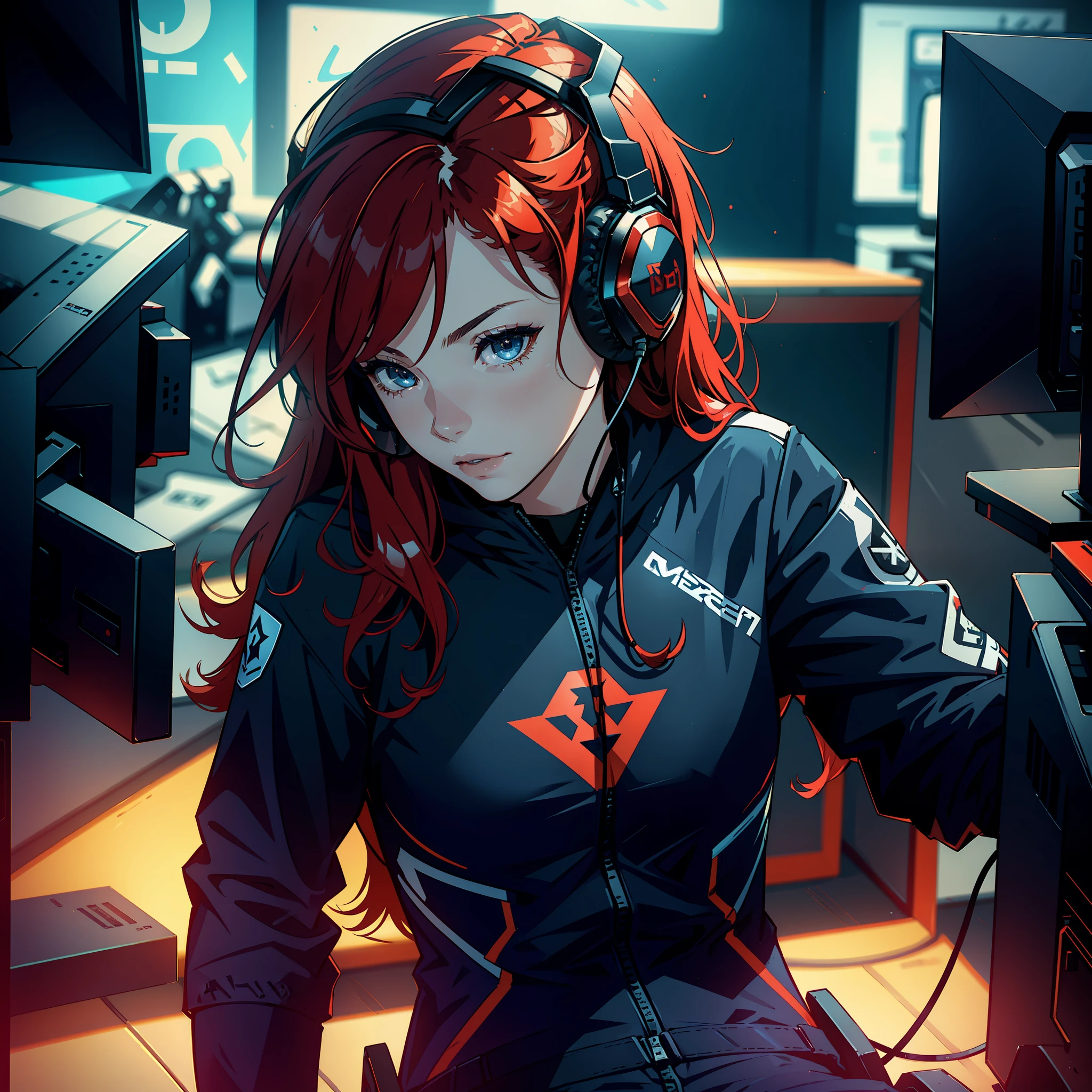 woman wearing gamer headset, she is in a gaming chair, she is redheaded, beautiful, the framing is from the waist up, profile angle, the camera forms an angle of approximately 90 degrees, The profile can be done on the left or right, is a dark environment but with subtle light