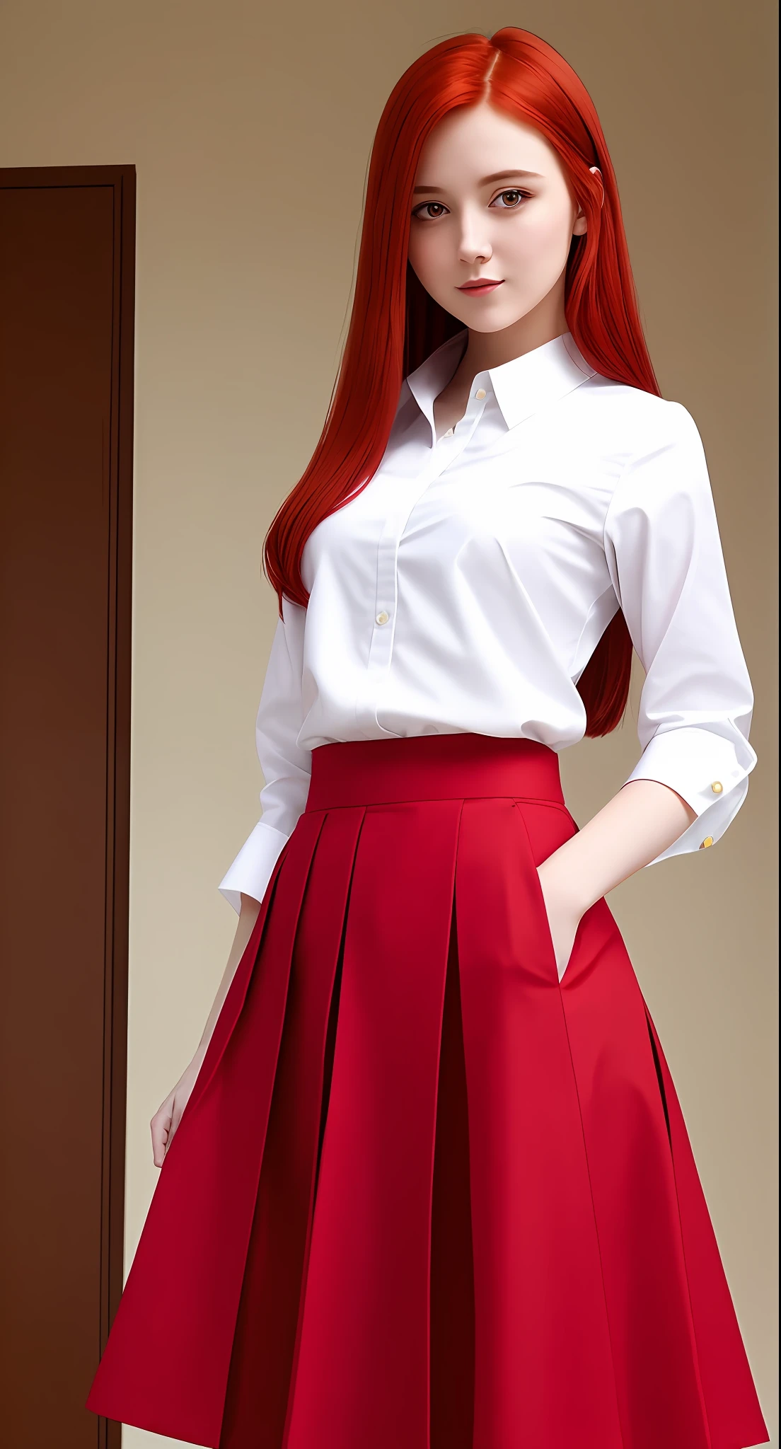 (masterpiece), (high quality), 1girl, red hair, blouse, skirt, full-length, looking at the camera, shy, ((lifts the skirt in front with her hands))