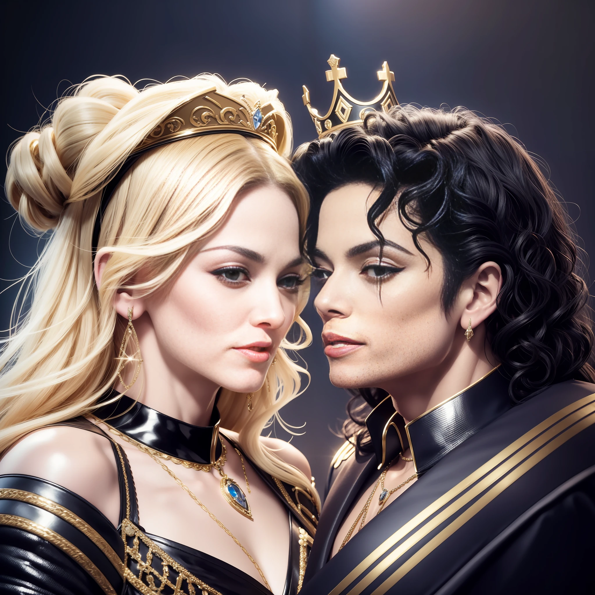 Madonna and Michael Jackson face to face, (photorealistic: 1.4) (ultra-detailed) (full body), crown, popstar, movie scene