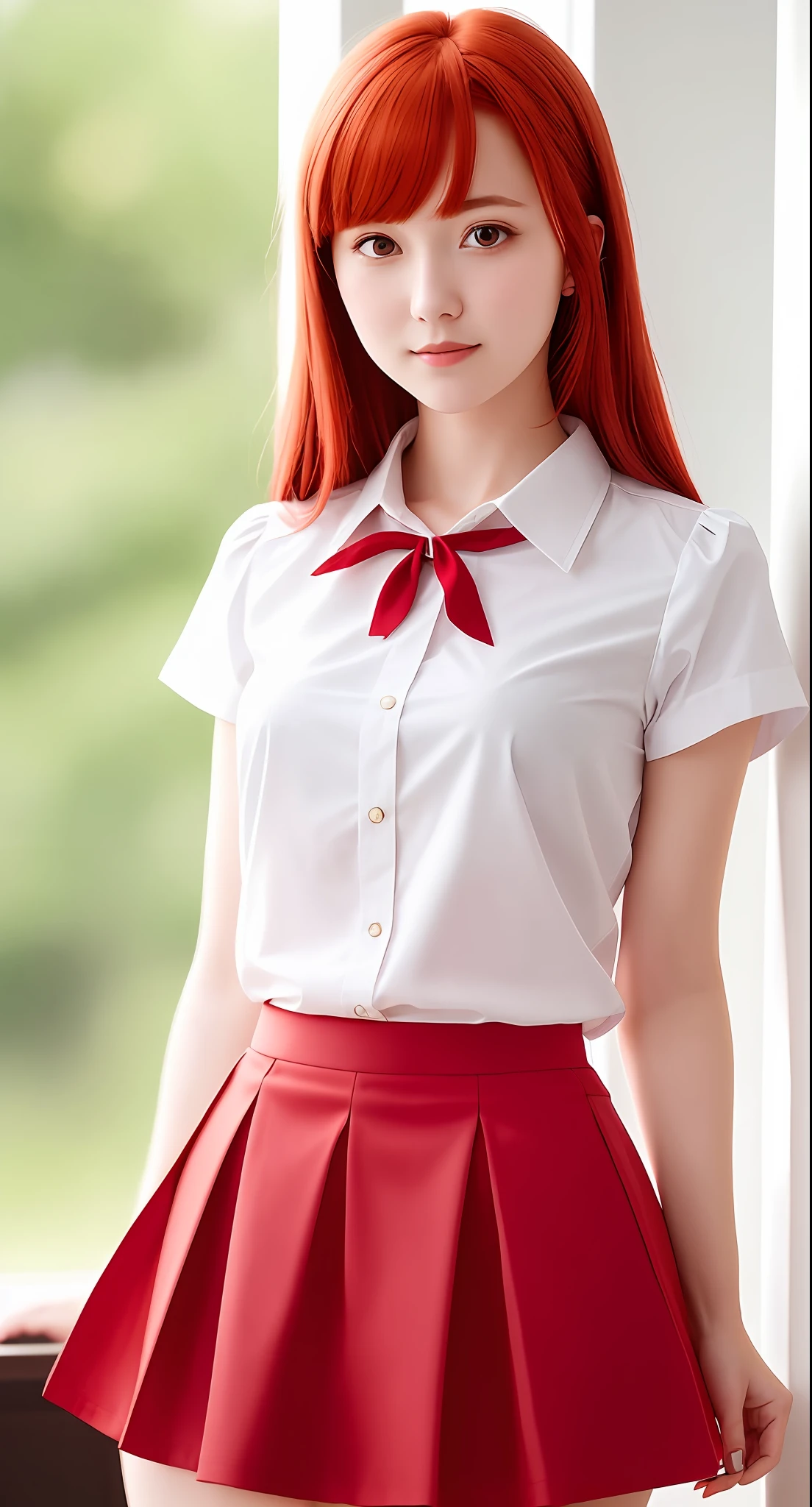 Masterpiece, high quality, 1 girl, red hair, blouse, skirt, full height, looking at the camera, shy, ((raised skirt)), ((panties down))