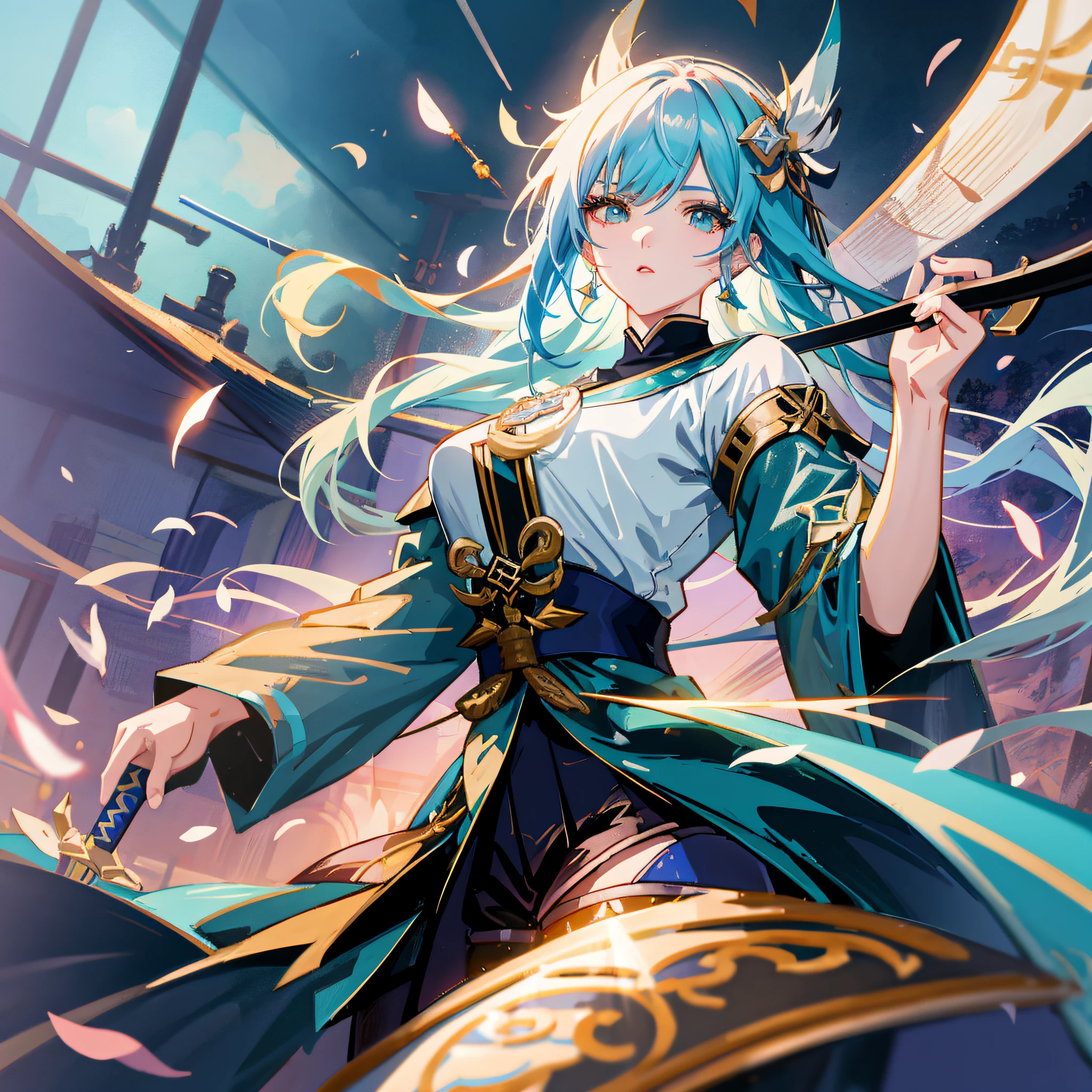 anime girl with blue hair holding a sword and a sword, keqing from genshin impact, ayaka genshin impact, trending on artstation pixiv, zhongli from genshin impact, ayaka game genshin impact, anime girl with teal hair, demon slayer rui fanart, anime moe artstyle, genshin impact character, high detailed official artwork