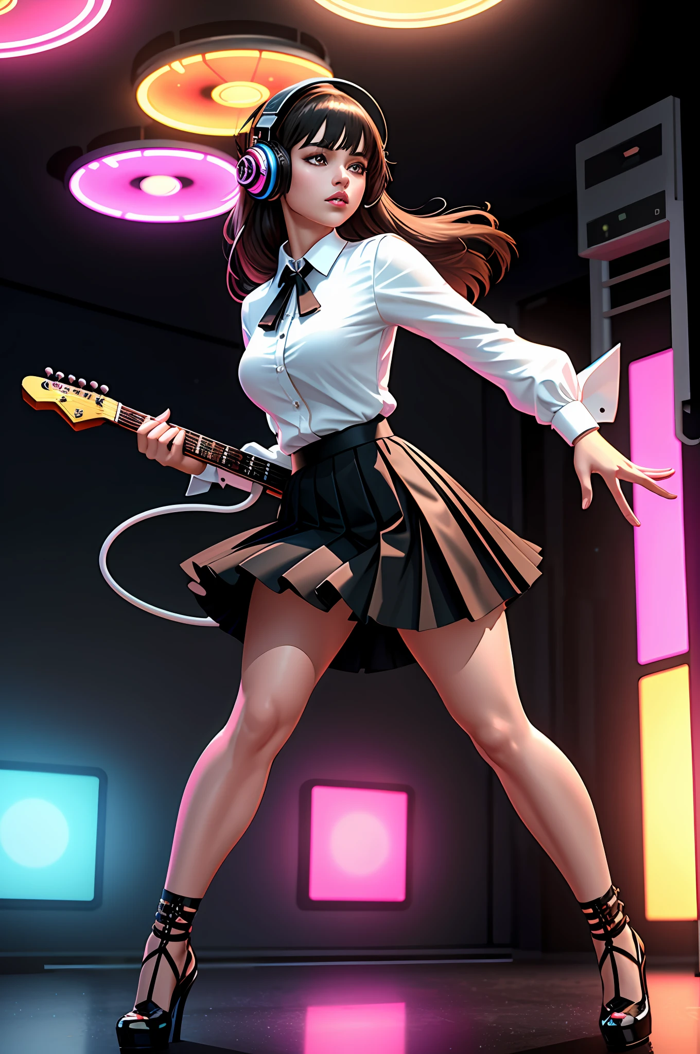 ((1girl)), ((cinematic light)), colorful, hyper detail, dramatic light, intricate details, best quality, (CG unit 8k extremely detailed wallpaper, masterpiece, best quality, ultra-detailed, best shadow), (detailed background: 1.4), (beautiful detailed face, beautiful detailed eyes), High contrast, (best lighting, an extremely delicate and beautiful), (girl: 1.5), solo, gothic skirt, white,brown eyes, electric guitar, guitar, caramel, headphones, instrument, long hair, windy black, music, side up, playing guitar, pleated skirt, black shirt, interior ((caustic)), dynamic angle, beautiful detailed shine, full body, neon light, pyrotechnics, sexy pink mouth, sexy thick lips, high heels,