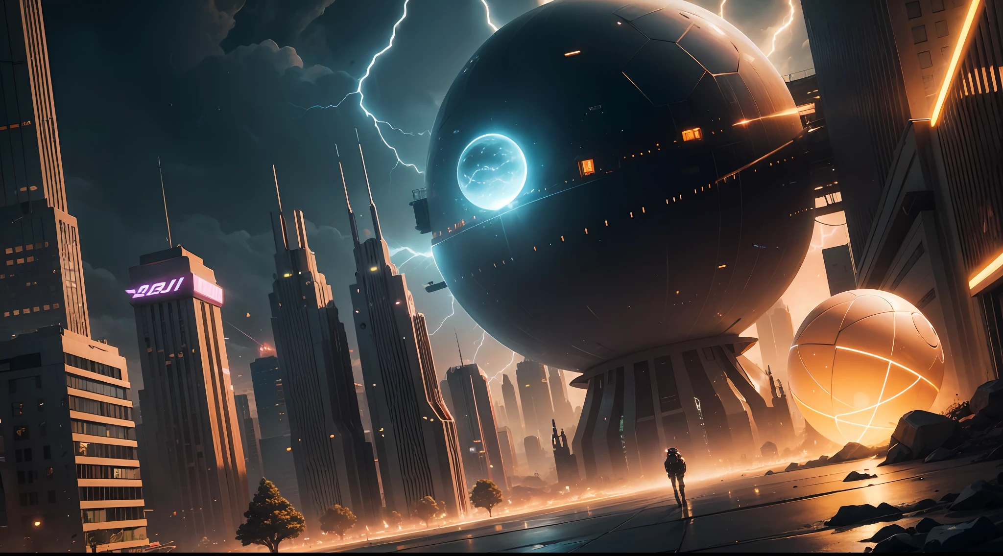 /imagine prompt: illustration of An energy ball shines brightly in the city center ,Lightning fills the ground::8, Energy sphere::15, Dazzling light::15, City center::8, Time Tunnel::10, lightning::15, S-shaped composition::5, closeup view::6, Unreal Engine::10, beautiful lighting::10, Cinematic light::11, Volumetric light::6, Fantasy::6, Pop art::5, hyper quality::6, Futuristic Robots::2, Steampunk::10 --seed 252441588 --s 400 --q 2 --c 30