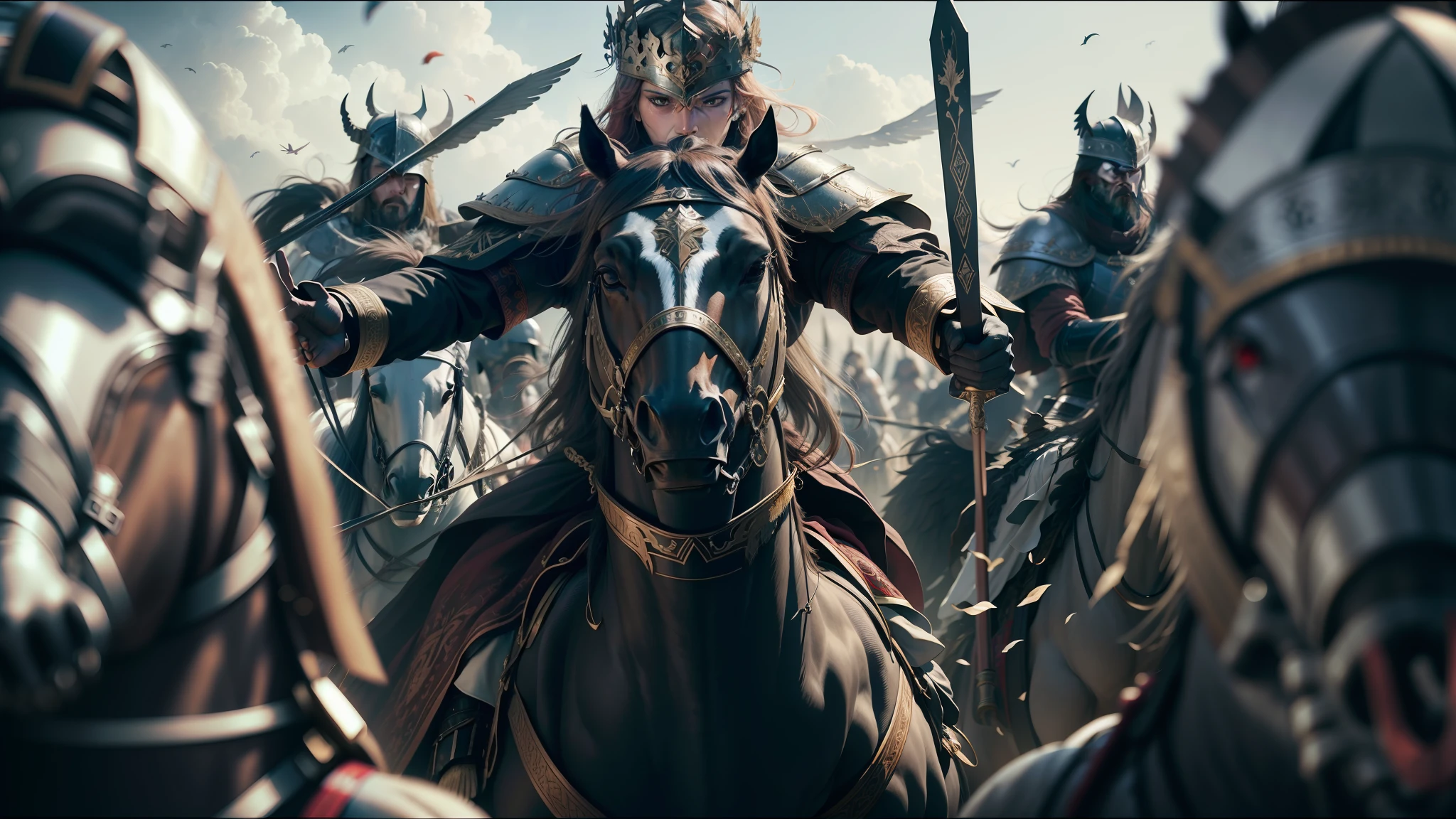 there are many people riding horses in a field with a lot of people, cinematic cgsociety, undead winged hussar, pexels contest winner, song dynasty, epic diptych, hd award-winning photo, powerful warrior, king arthur