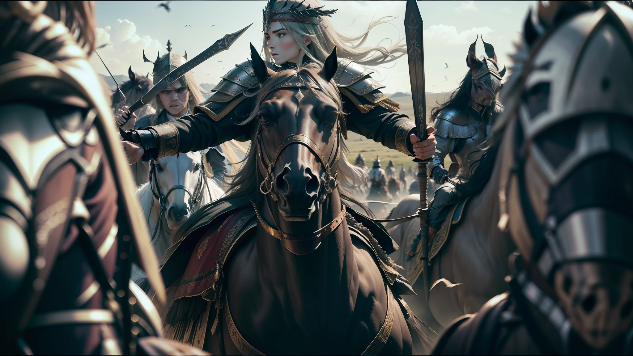 there are many people riding horses in a field with a lot of people, cinematic cgsociety, undead winged hussar, pexels contest winner, song dynasty, epic diptych, hd award-winning photo, powerful warrior, king arthur