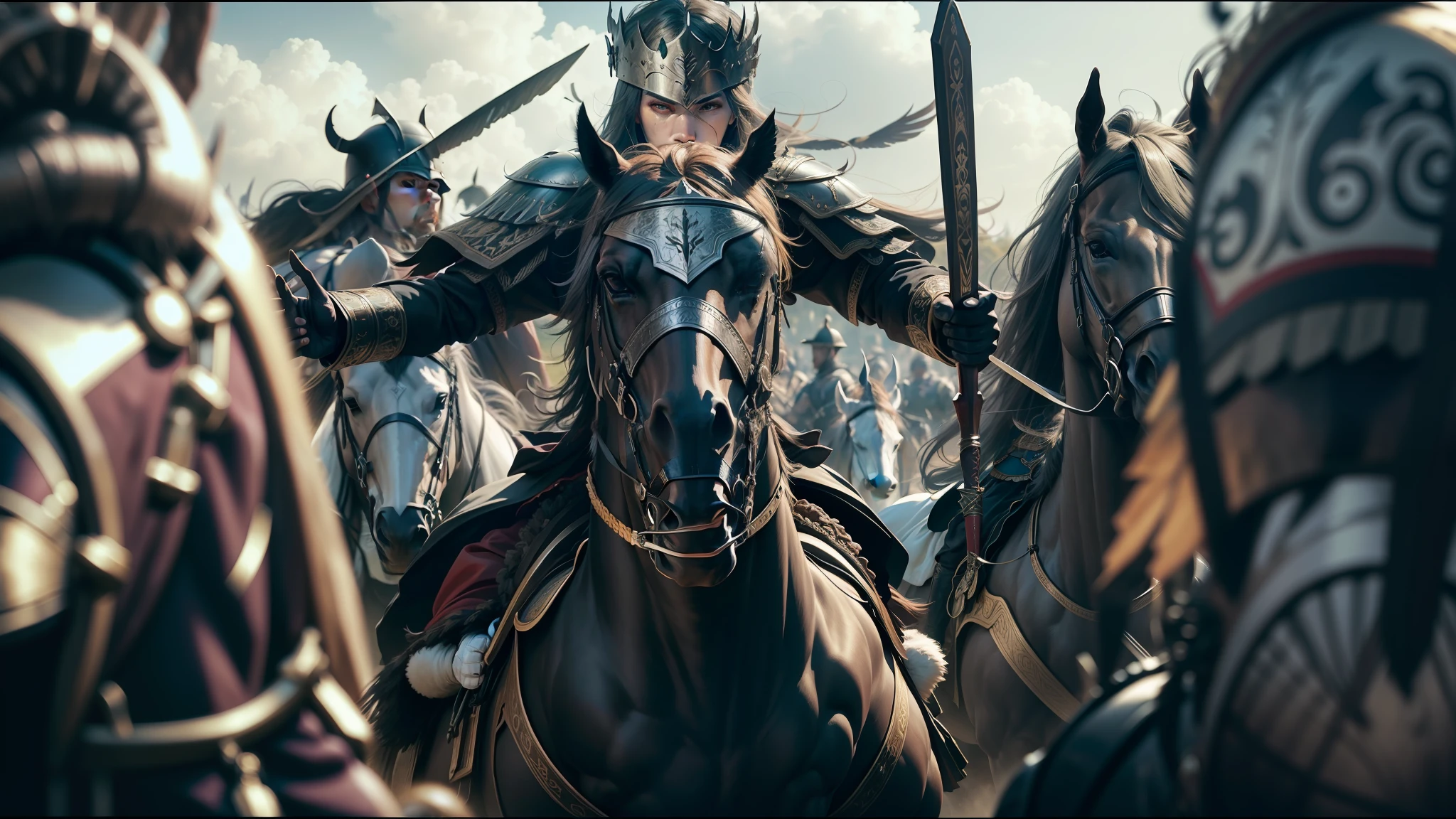 there are many people riding horses in a field with a lot of people, cinematic cgsociety, undead winged hussar, pexels contest winner, song dynasty, epic diptych, hd award-winning photo, powerful warrior, king arthur