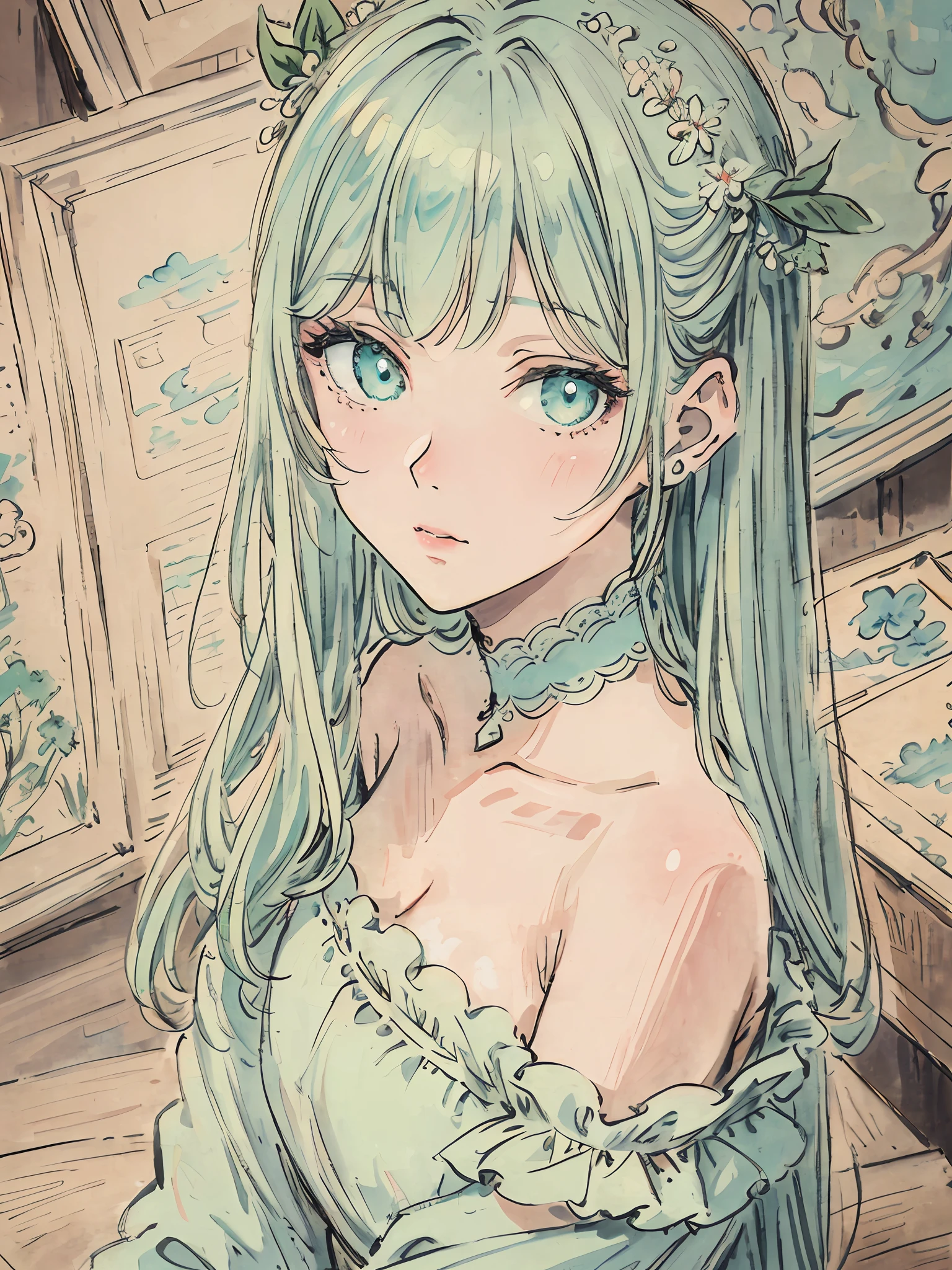 bigboobs, masterpiece, best quality, an extremely delicate and beautiful girl,an extremely delicate and beautiful, world masterpiece theater, ultra-detailed, highly detailed, best quality, a girl with mint hair, beautiful mint eyes, highres, extremely detailed,1girl, best quality, illustration, looking at viewer, impasto, canvas, oil painting, realistic, realist ,real