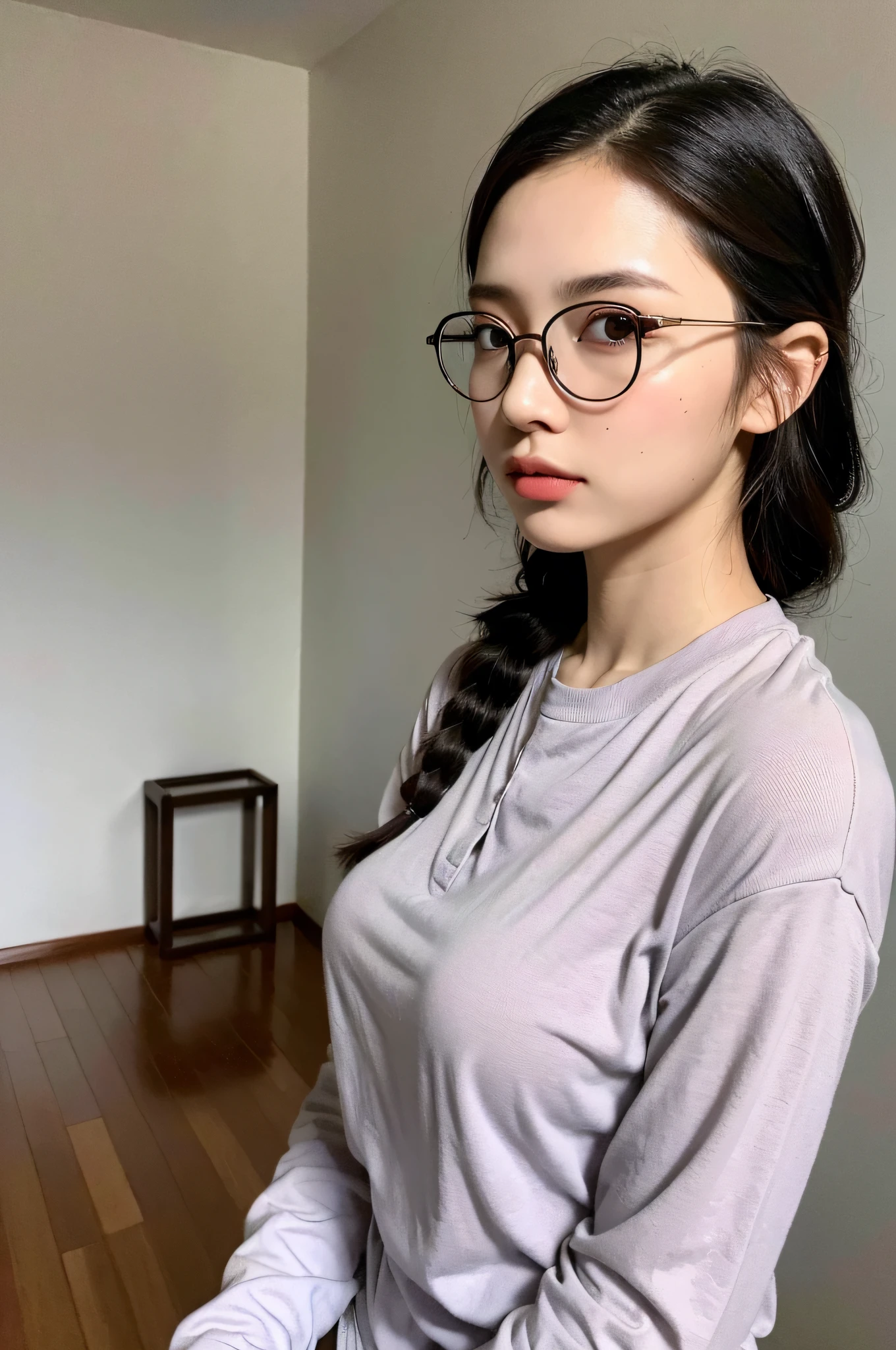 ((Best Quality, 8K, Masterpiece: 1.3)), 1 Girl, Side Shot: 1.2, Beautiful Burmese Woman with Slender Abs: 1.3, (Casual Hairstyle,: 1.2), Big Breasts, Nurse Wear, Round Glasses, Indoor, Super Detailed Face, Detailed Eyes, Double Eyelids, Full Body