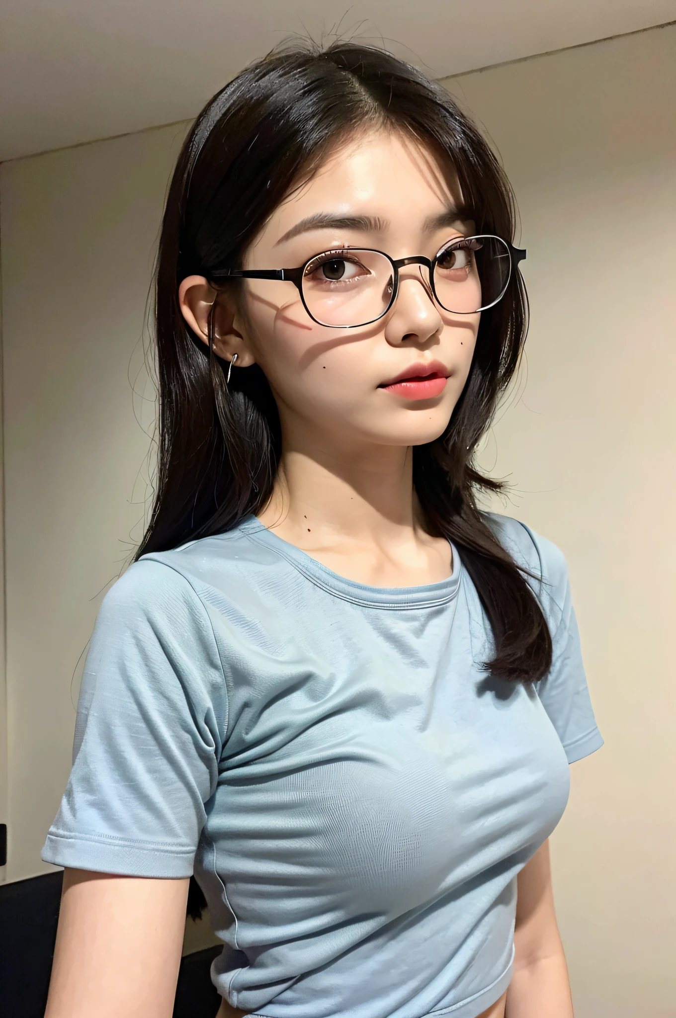 ((Best Quality, 8K, Masterpiece: 1.3)), 1 Girl, Side Shot: 1.2, Beautiful Burmese Woman with Slender Abs: 1.3, (Casual Hairstyle,: 1.2), Big Breasts, Nurse Wear, Round Glasses, Indoor, Super Detailed Face, Detailed Eyes, Double Eyelids, Full Body