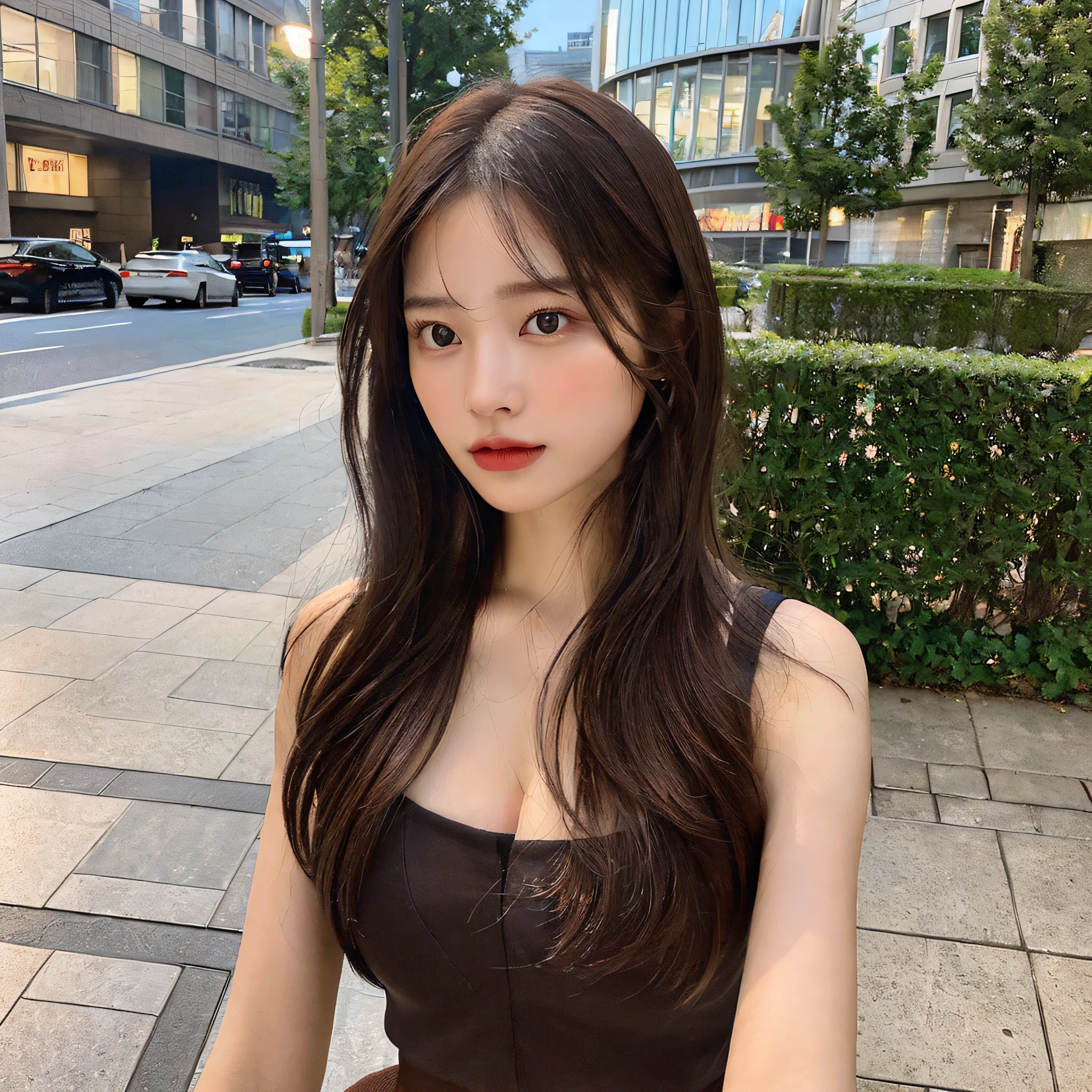 ((Realistic Lighting, Top Quality, 8K, Masterpiece: 1.3)), Clear Focus: 1.2, 1 Girl, Perfect Body Beauty: 1.4, Slim Abs: 1.1, ((Dark Brown Hair, Big: 1.3)), (Outdoor, Night: 1.1), Street, Ultra Slender Face, Fine Eyes, Double Eyelids, Exposed Cleavage