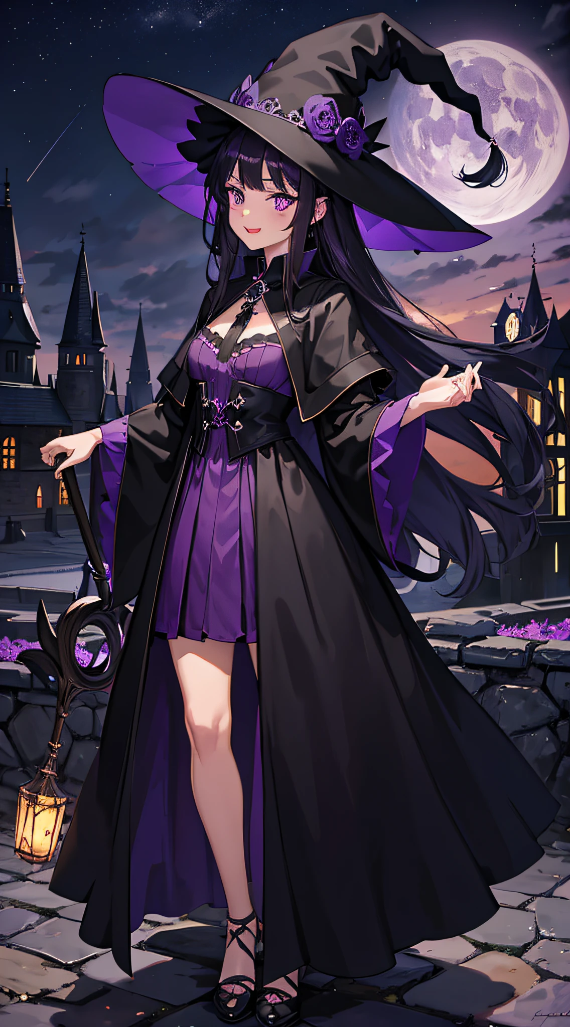 (masterpiece, best quality, ultra-detailed), 1girl, black witch robe, witch hat, purple pattern, purple eyes, black hair, flying broom, happy face, detailed background, (night), (castle), outdoor, full body